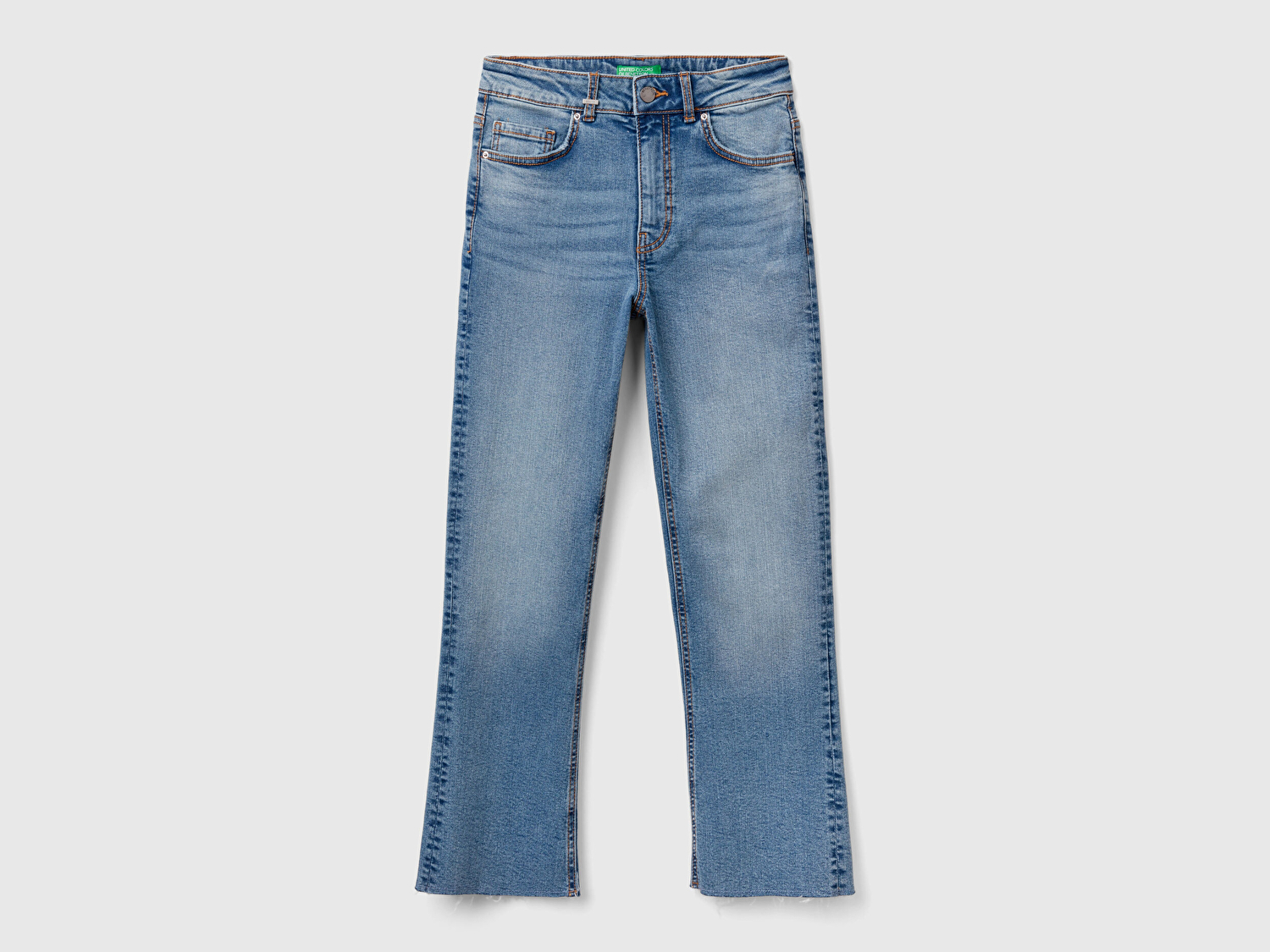 Benetton Kadın Açık Mavi Streç Pamuklu Paçası Kesik Geniş Paça Denim Pantolon