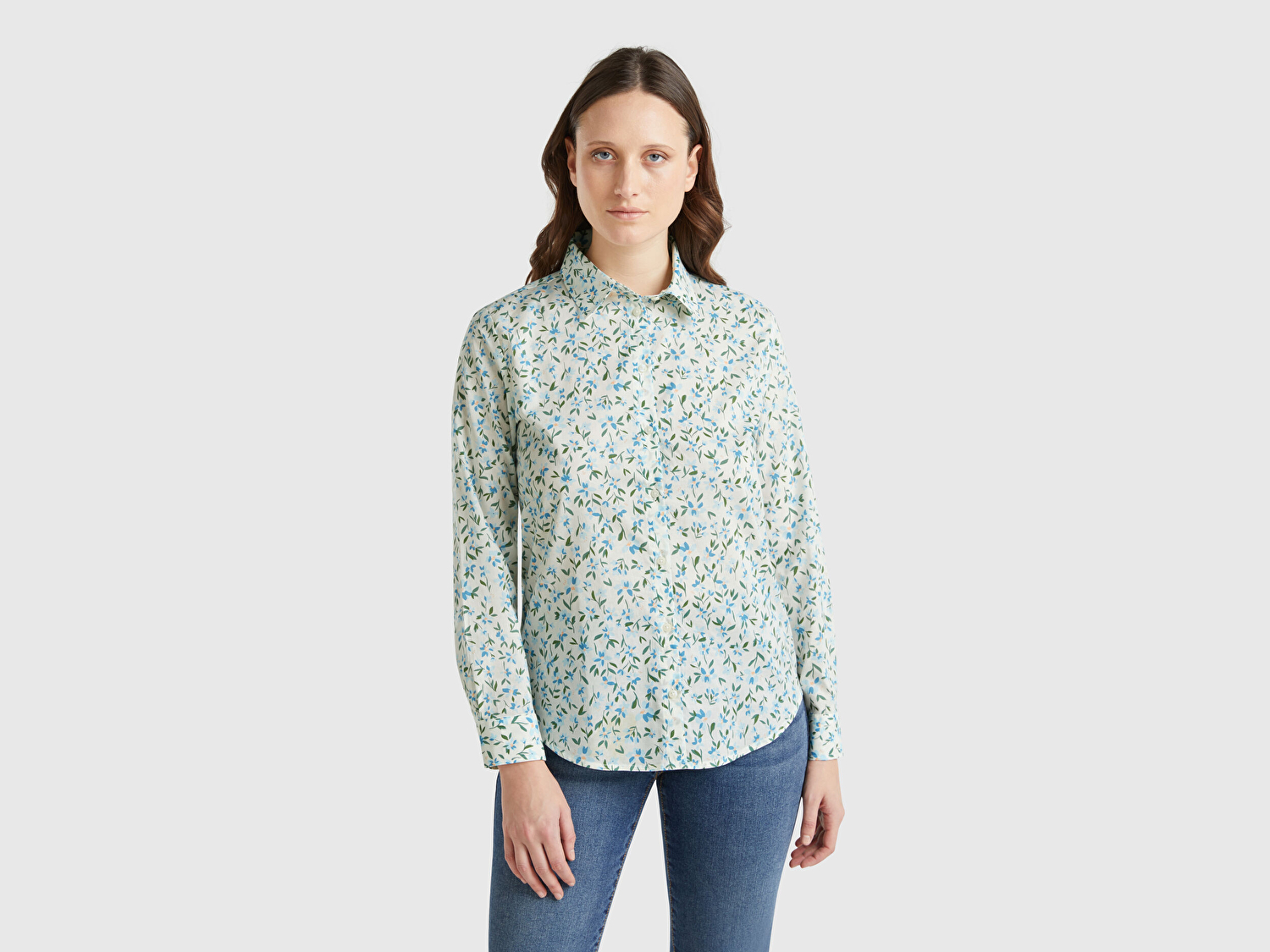Benetton Kadın Yeşil %100 Pamuk Desenli Manşetli Regular Fit Müslin Gömlek