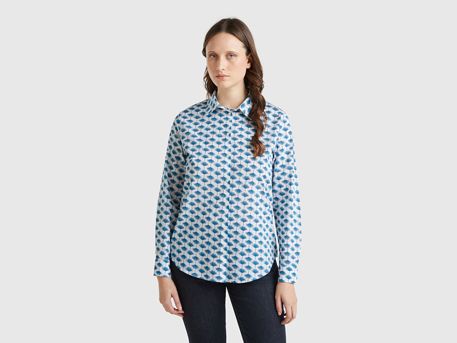 Benetton Kadın Mavi %100 Pamuk Desenli Manşetli Regular Fit Müslin Gömlek