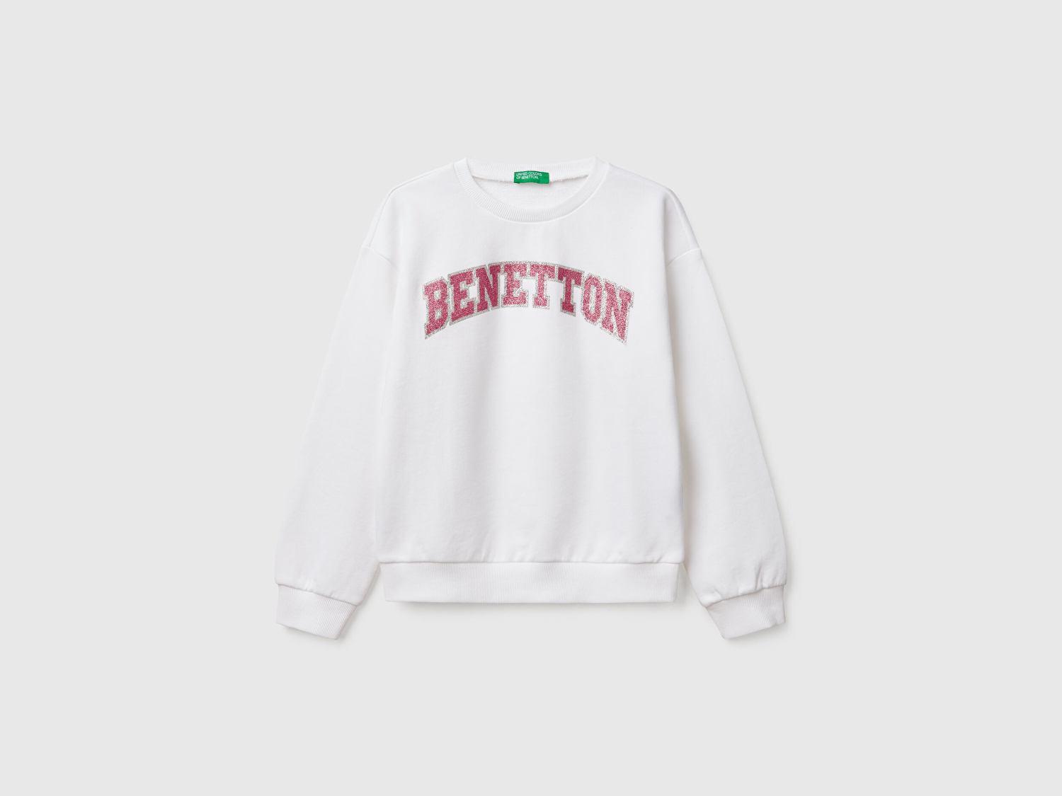 Benetton Kız Çocuk Beyaz Simli Benetton Logo Baskılı Bisiklet Yaka Sweatshirt