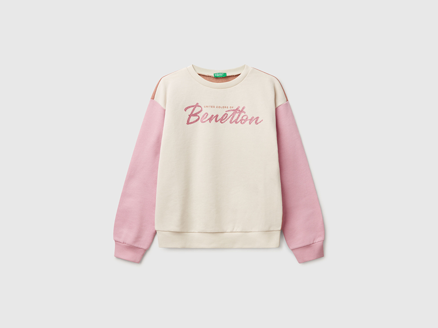Benetton Kız Çocuk Bej Mix Simli Benetton Logo Baskılı Bisiklet Yaka Sweatshirt