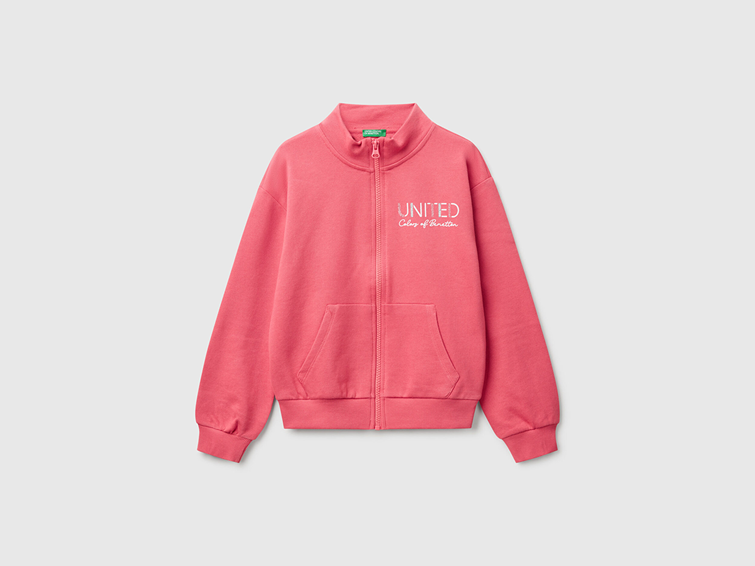 Benetton Kız Çocuk Fuşya Simli Benetton Logo İşlemeli Fermuarlı Sweatshirt