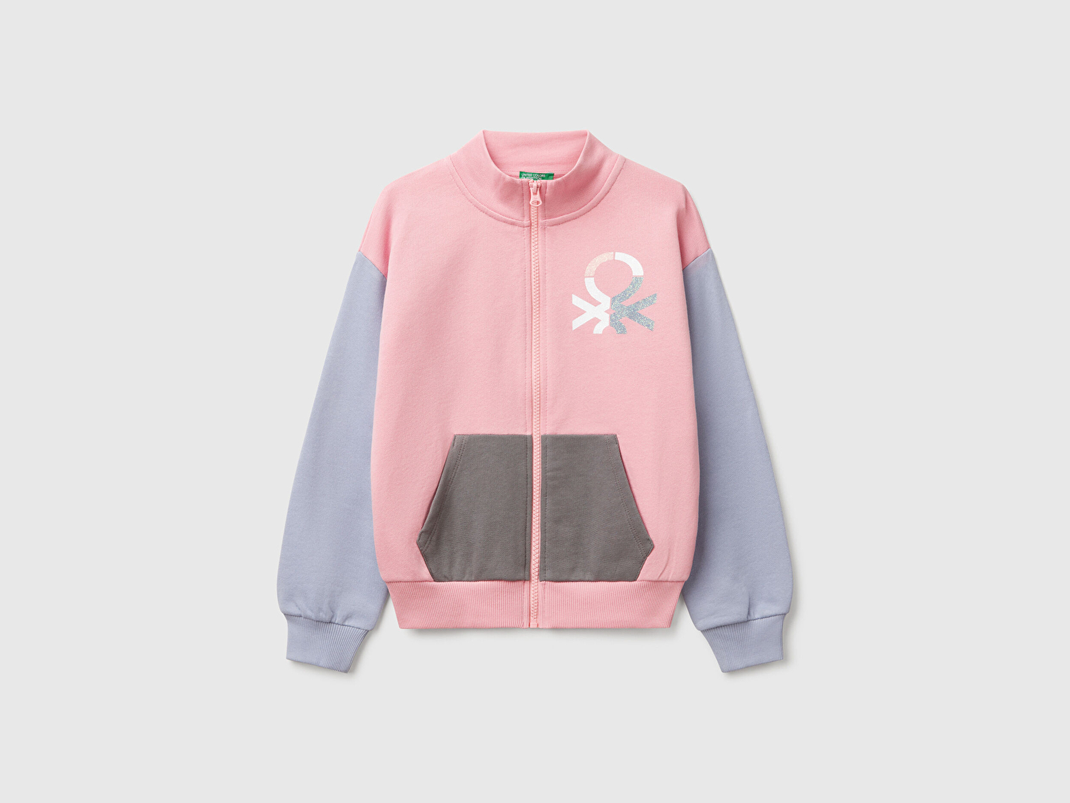Benetton Kız Çocuk Pembe Mix Simli Benetton Logo İşlemeli Fermuarlı Sweatshirt