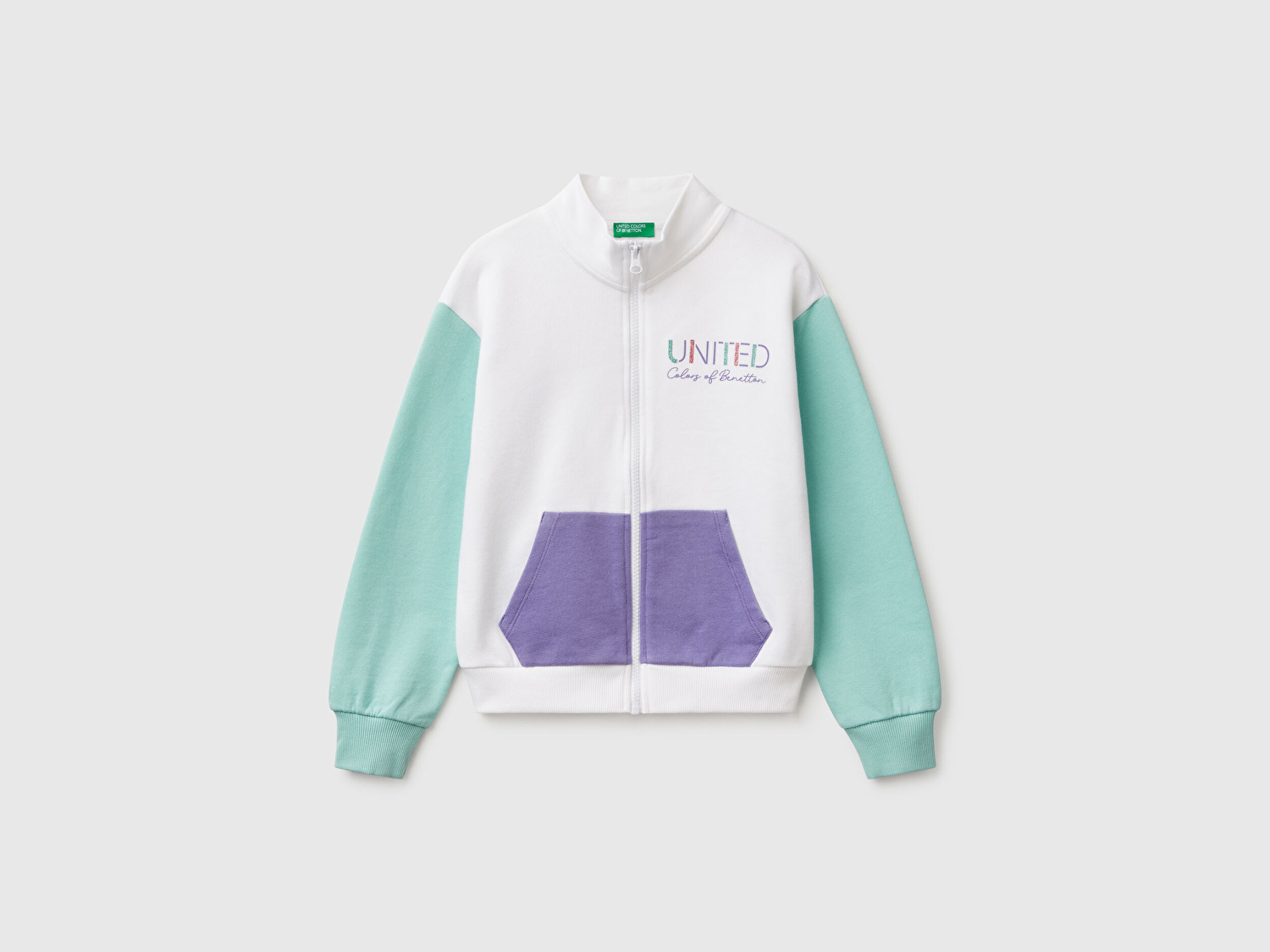 Benetton Kız Çocuk Beyaz Mix Simli Benetton Logo İşlemeli Fermuarlı Sweatshirt