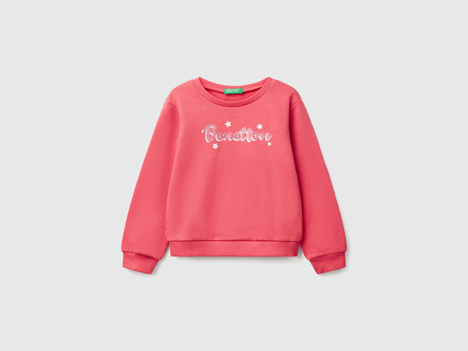 Benetton Kız Bebek Fuşya Simli Benetton Logo Baskılı Bisiklet Yaka Sweatshirt