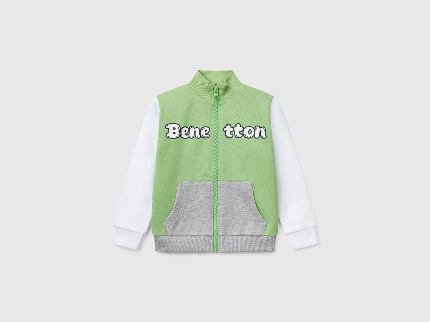 Benetton Erkek Bebek Fıstık Yeşili Benetton Logo İşlemeli Fermuarlı Sweatshirt