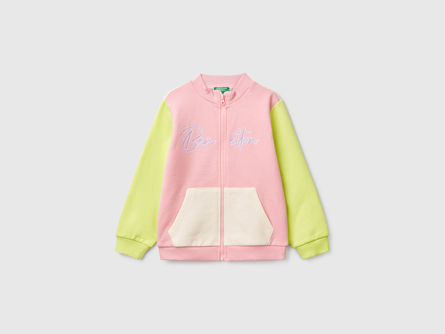 Benetton Kız Bebek Pembe Mix Simli Benetton Logo İşlemeli Fermuarlı Sweatshirt