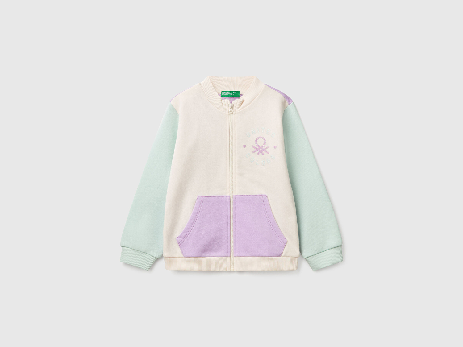 Benetton Kız Bebek Lila Mix Simli Benetton Logo İşlemeli Fermuarlı Sweatshirt