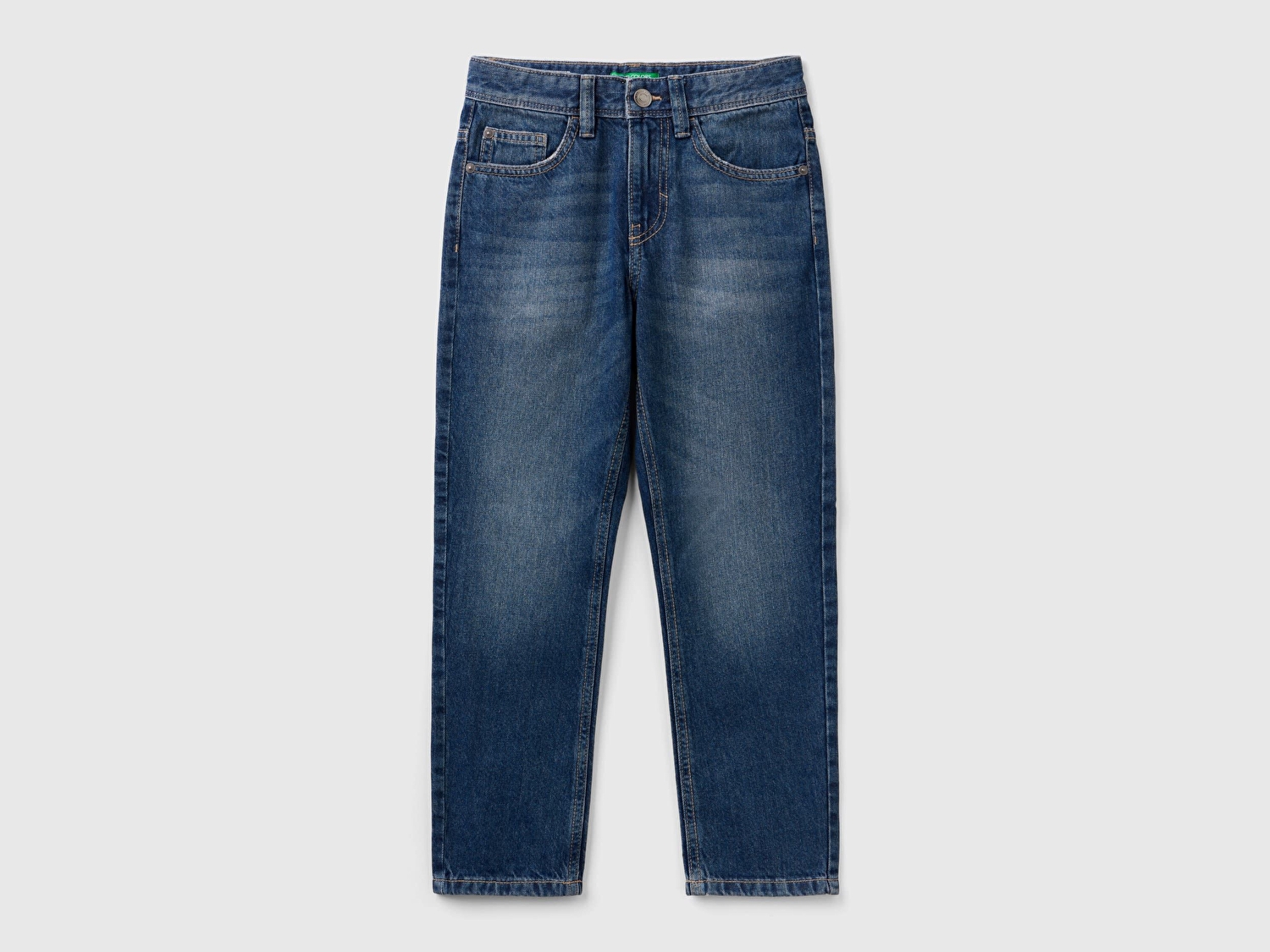 Benetton Erkek Çocuk Koyu Denim Arkası Logo İşlemeli 5 Cepli Düz Kesim Denim Pantolon