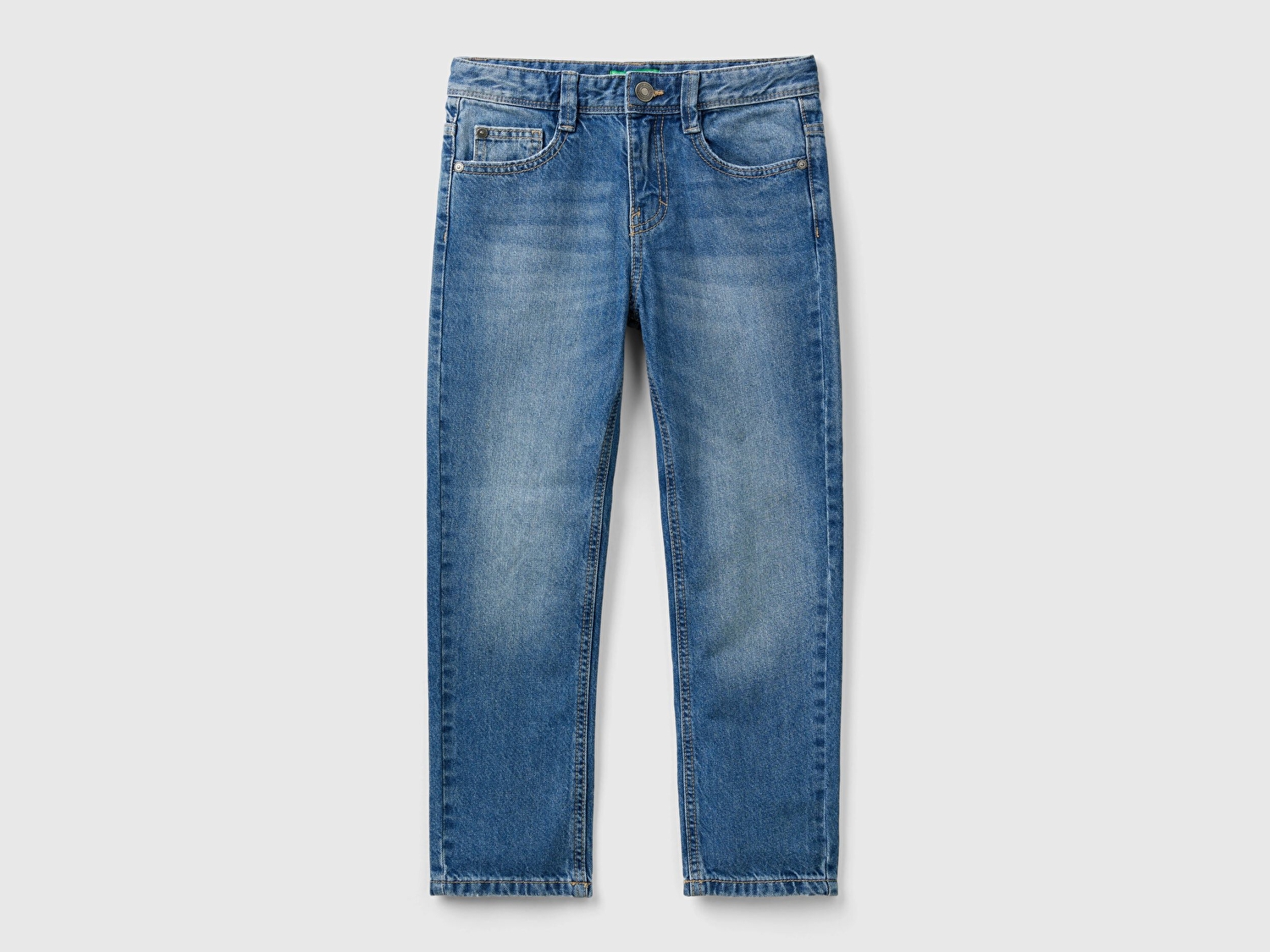 Benetton Erkek Çocuk Açık Denim Arkası Logo İşlemeli 5 Cepli Düz Kesim Denim Pantolon