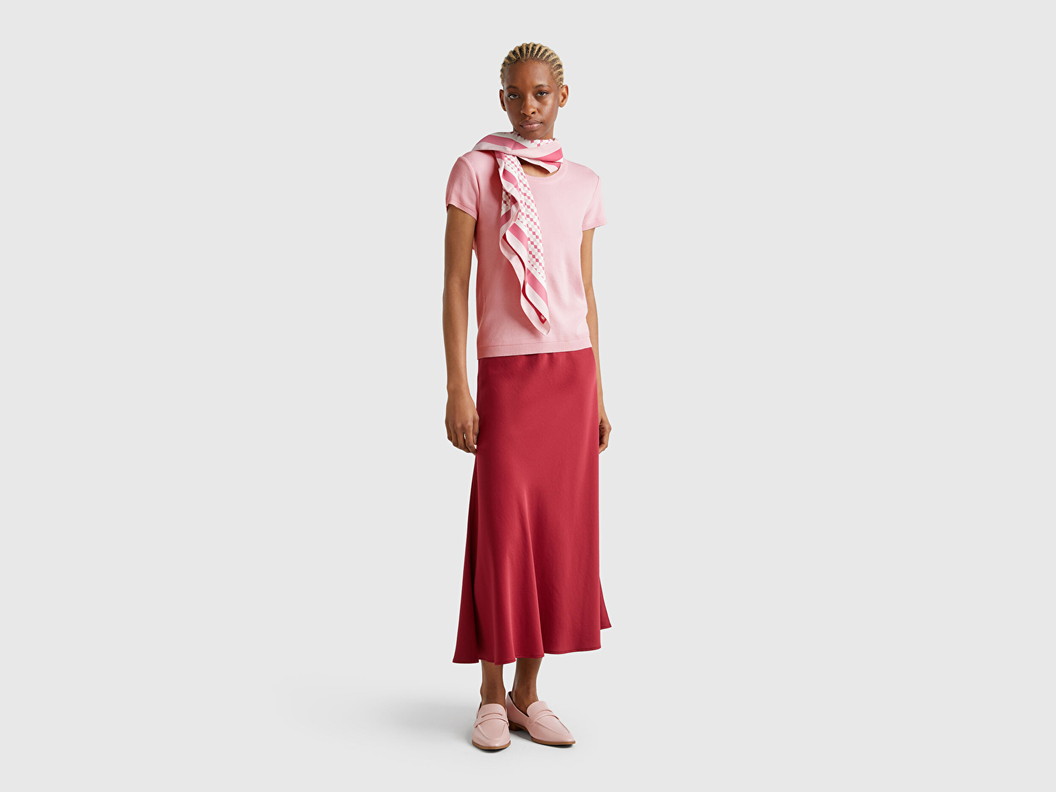 Benetton Kadın Toz Pembe %100 Koton Bisiklet Yaka Kısa Kollu Kazak