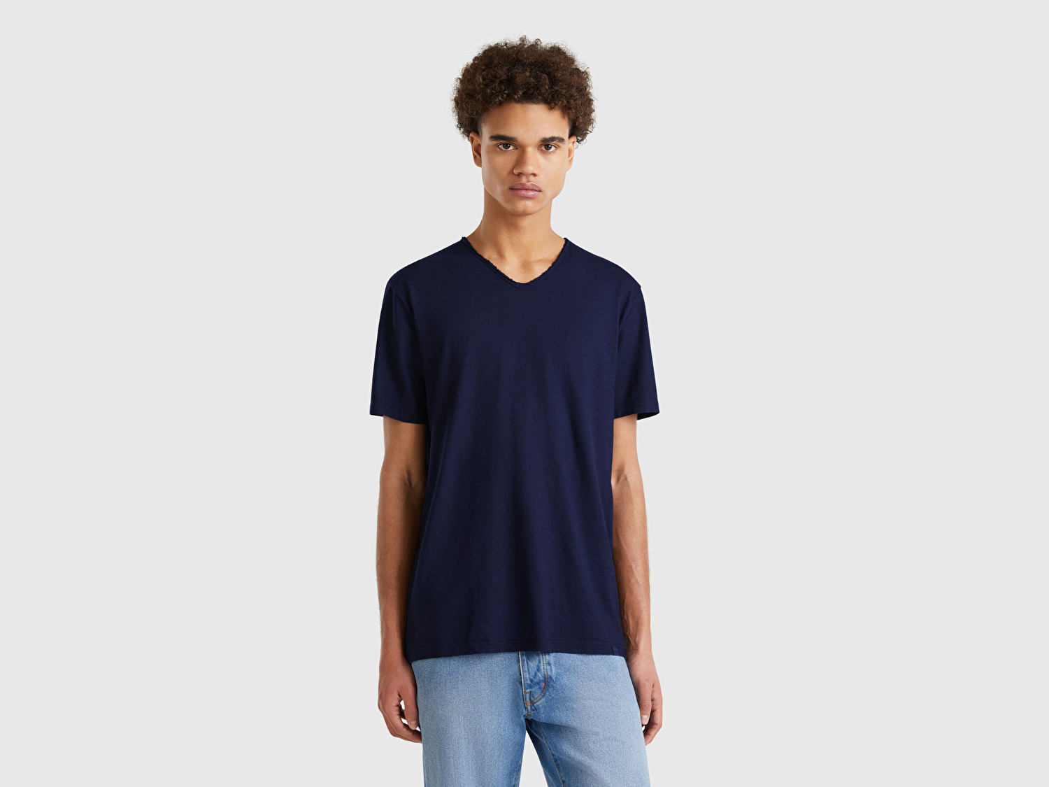 Benetton Erkek Lacivert V Yaka Slub T-shirt