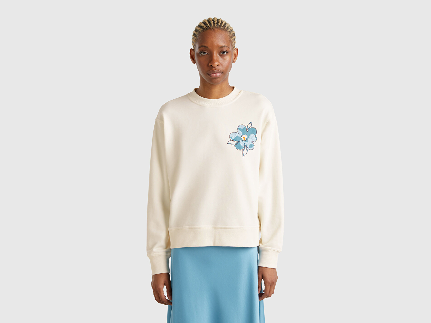 Benetton Kadın Krem Koton Karışımlı Çiçek Desenli Sweatshirt