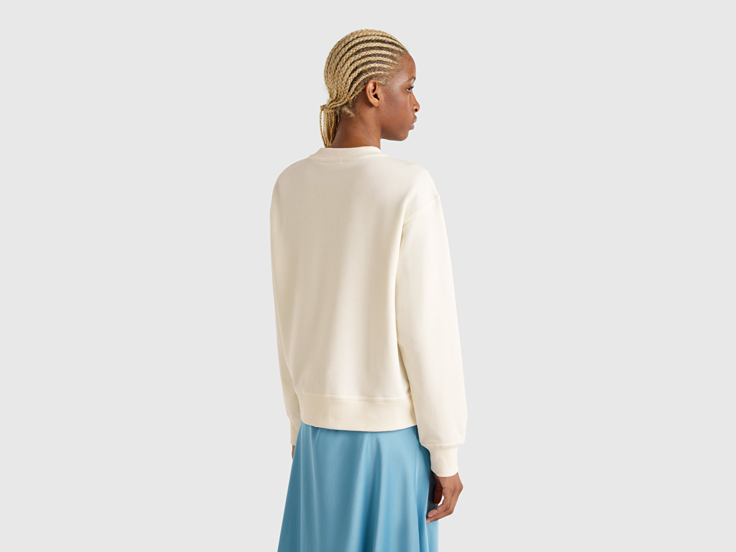 Benetton Kadın Krem Koton Karışımlı Çiçek Desenli Sweatshirt
