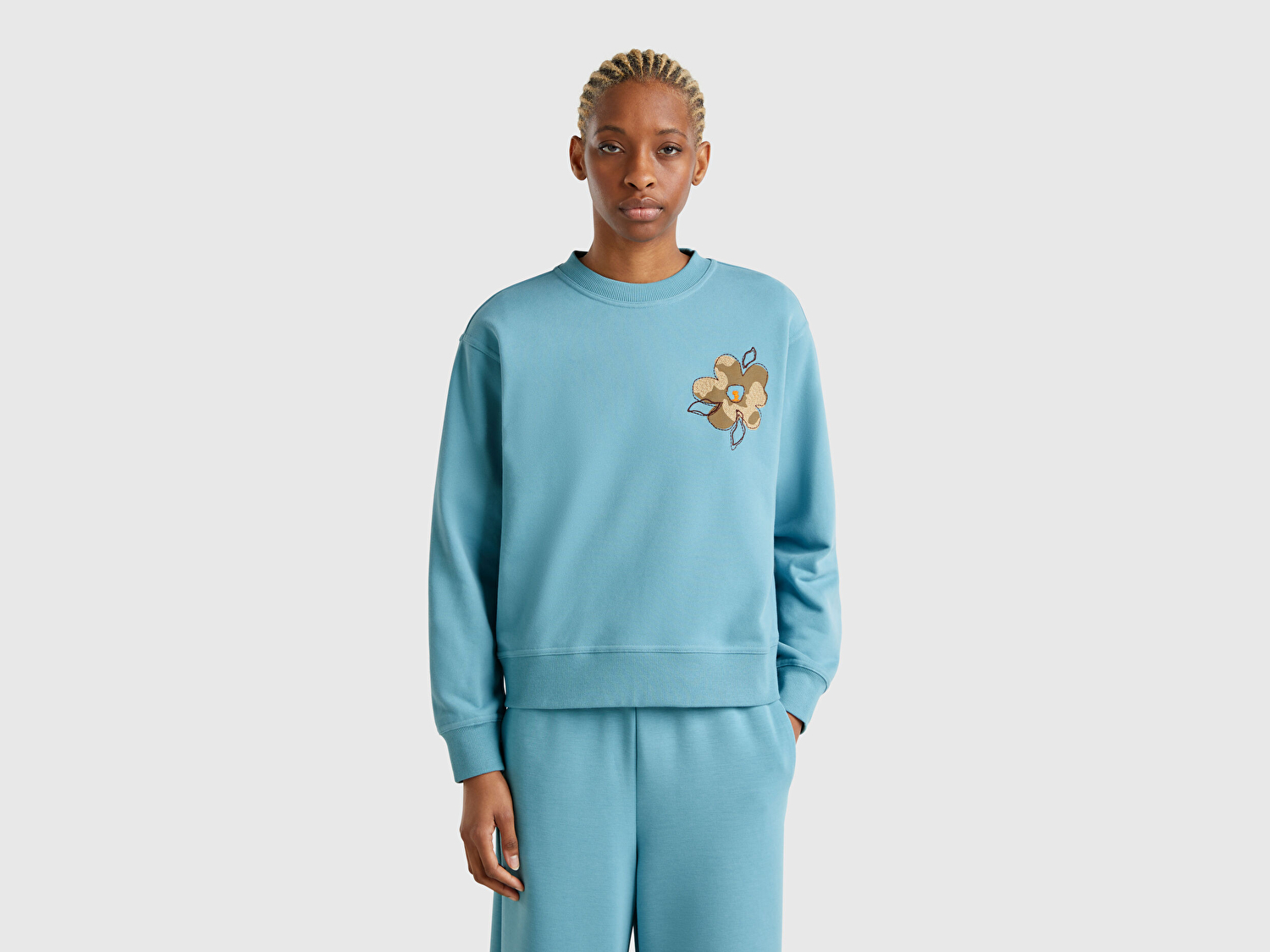Benetton Kadın Mavi Koton Karışımlı Çiçek Desenli Sweatshirt