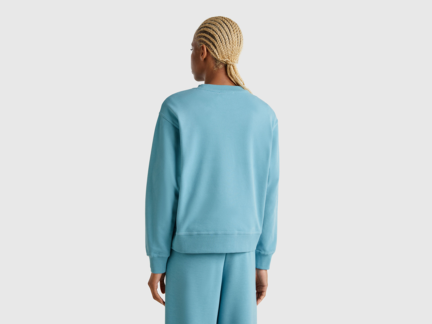 Benetton Kadın Mavi Koton Karışımlı Çiçek Desenli Sweatshirt