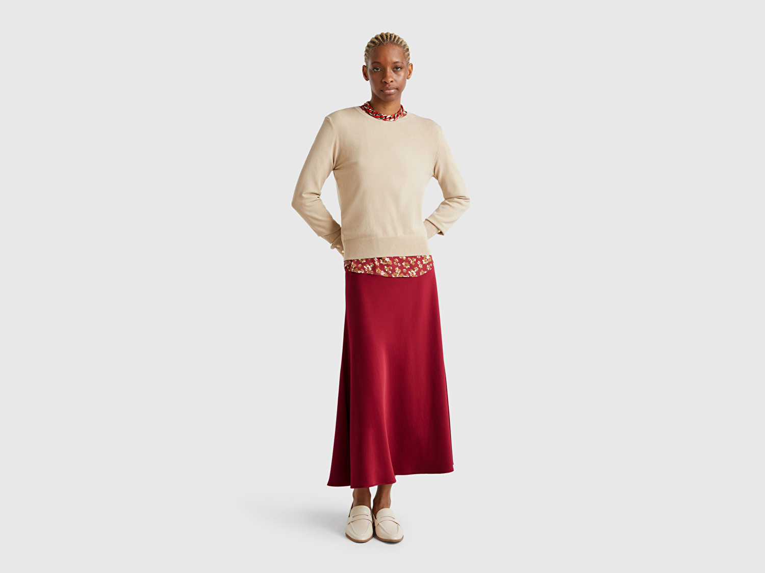 Benetton Kadın Bordo Viskoz Karışımlı Uzun Etek