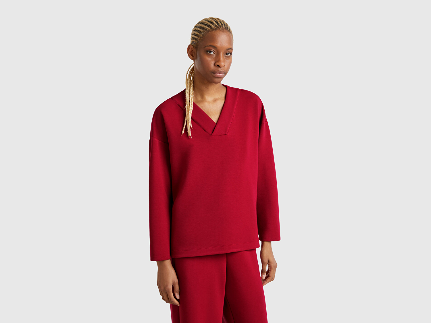 Benetton Kadın Bordo Modal Karışımlı V Yaka Uzun Kollu Sweatshirt