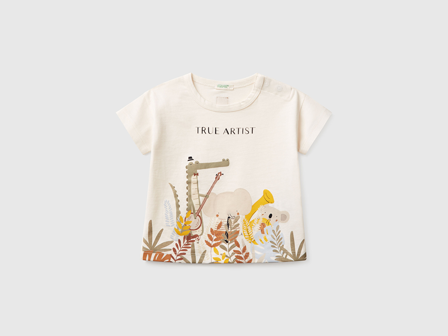 Benetton Bebek Ekru Önü Grafik Baskılı Arkası Logo Detaylı T-Shirt