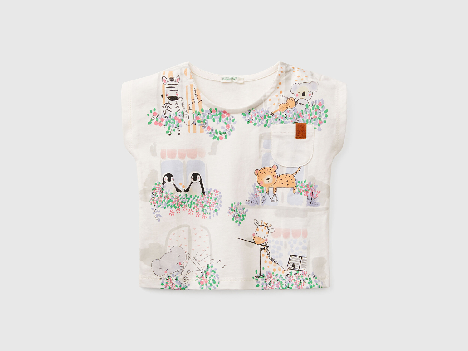 Benetton Bebek Ekru Grafik Baskılı Cep Detaylı T-Shirt