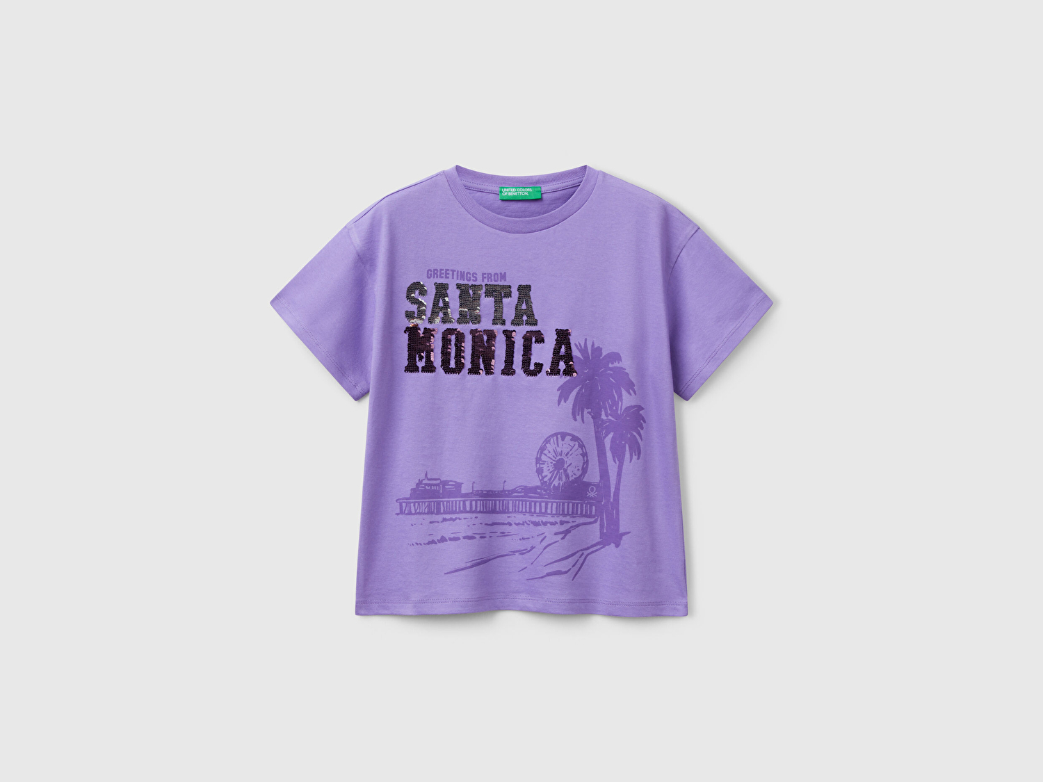 Benetton Kız Çocuk Mor Önü Payet İşlemeli Baskılı T-Shirt