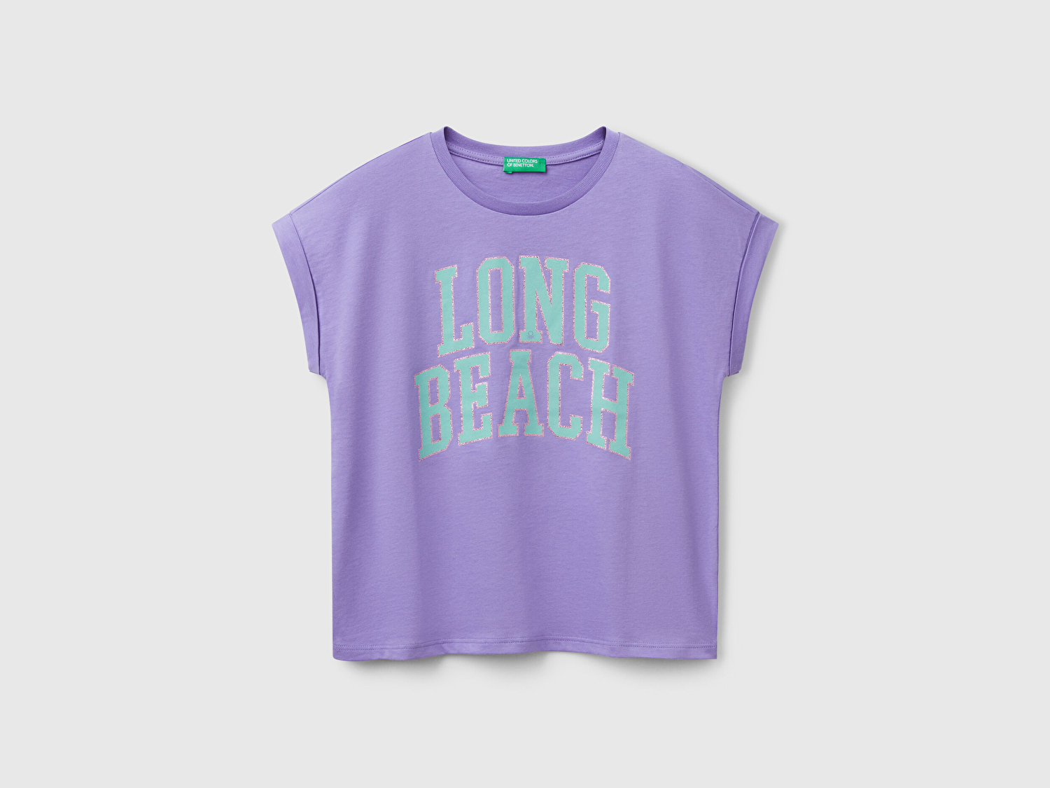 Benetton Kız Çocuk Mor Parlak Baskılı Düşük Omuz T-Shirt