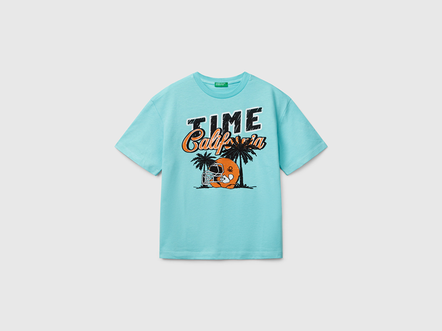 Benetton Erkek Çocuk Su Yeşili Slogan Baskılı T-Shirt