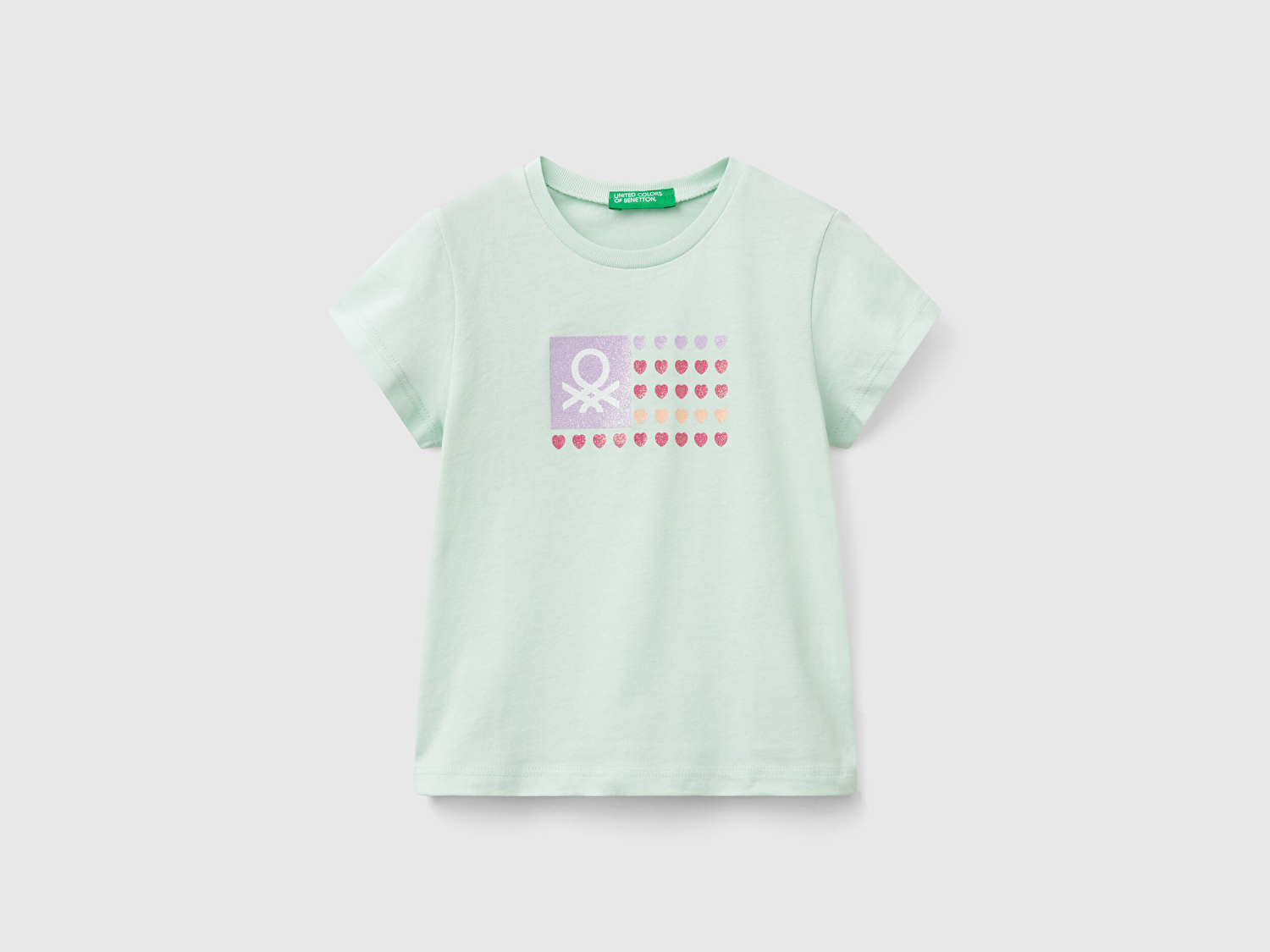 Benetton Kız Bebek Su Yeşili Simli Benetton Logo Baskılı T-Shirt