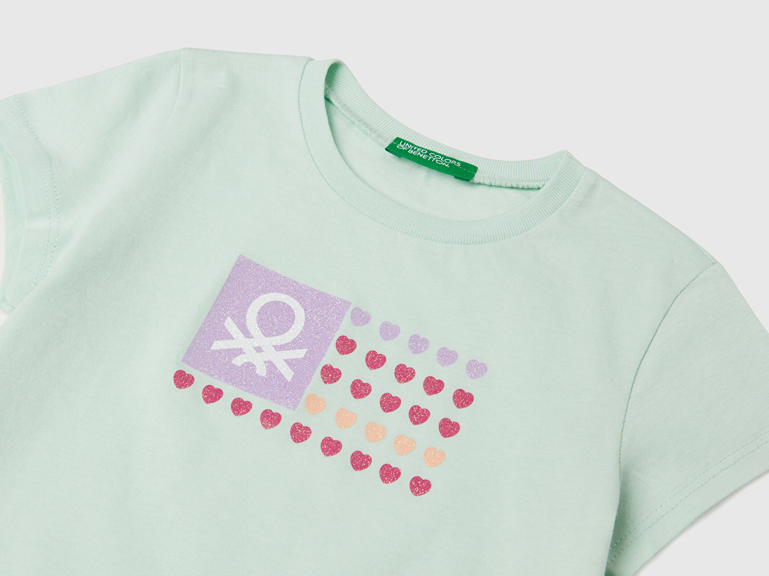 Benetton Kız Bebek Su Yeşili Simli Benetton Logo Baskılı T-Shirt