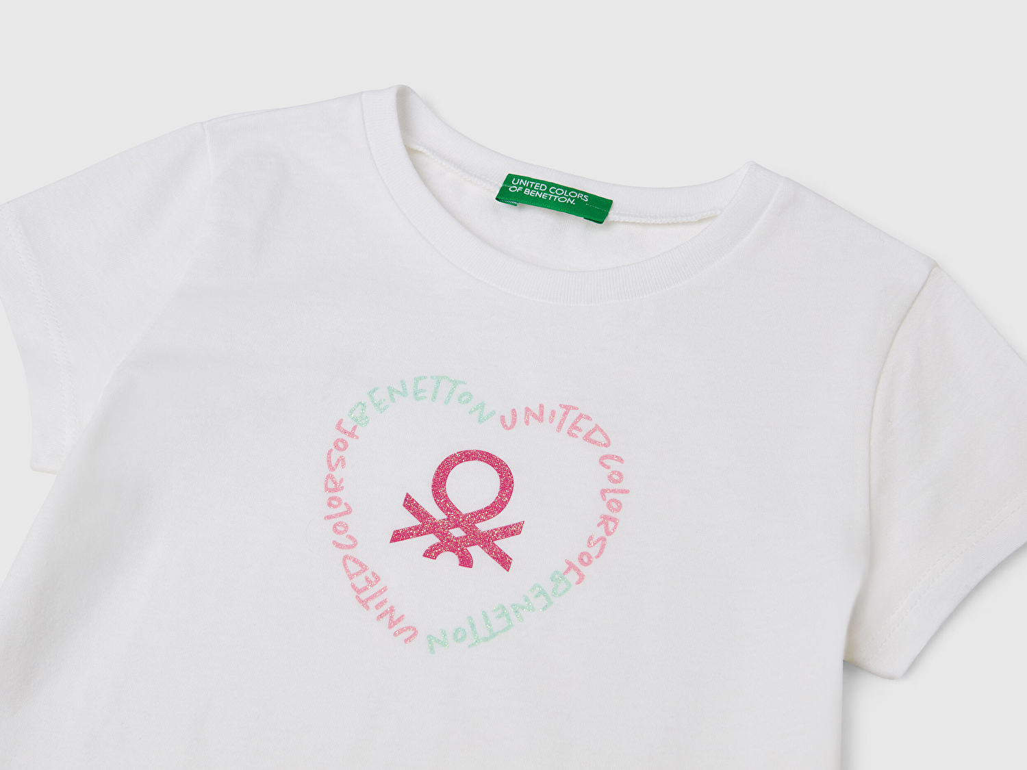 Benetton Kız Bebek Beyaz Simli Benetton Logo Baskılı T-Shirt