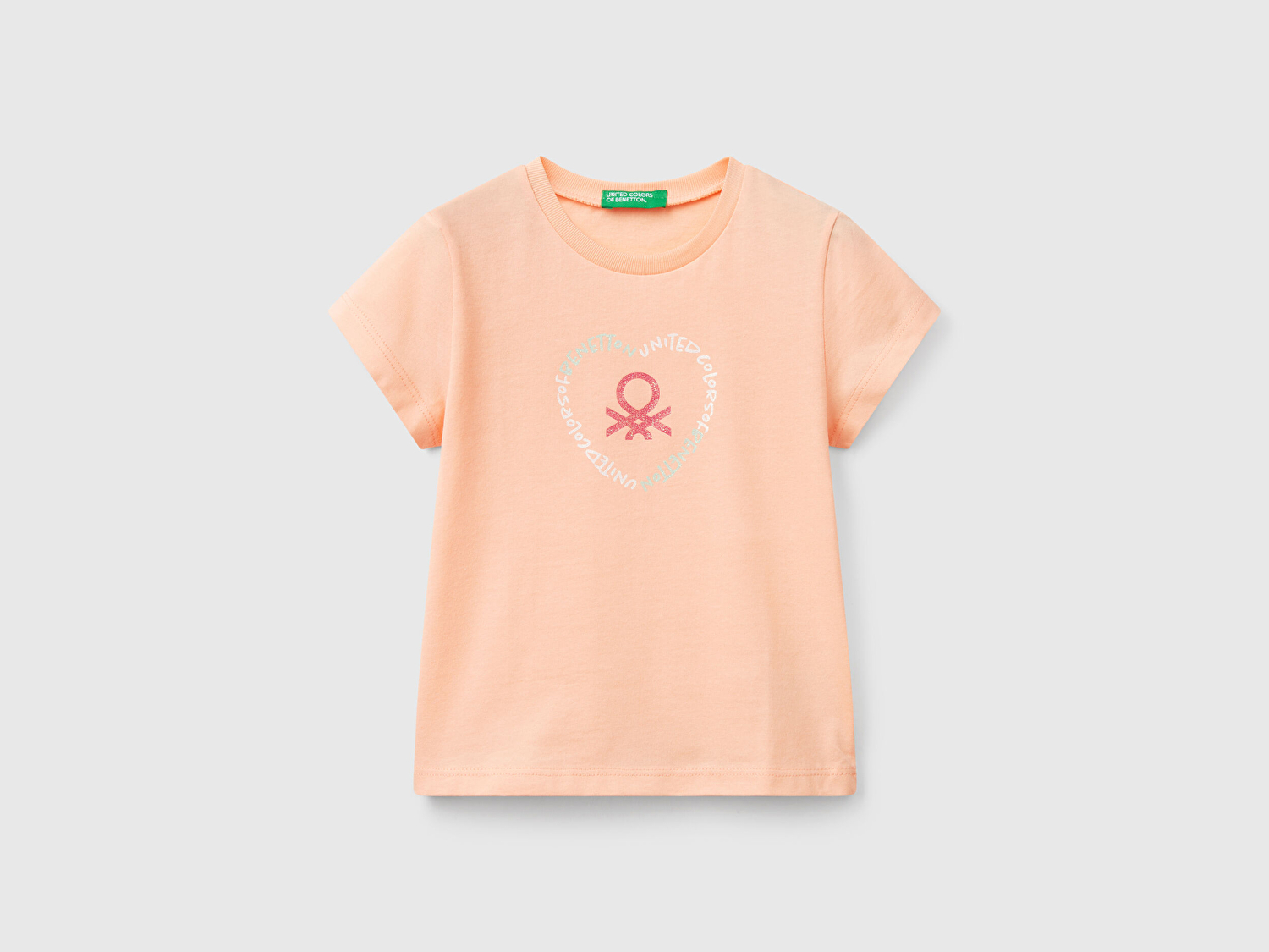 Benetton Kız Bebek Yavruağzı Simli Benetton Logo Baskılı T-Shirt