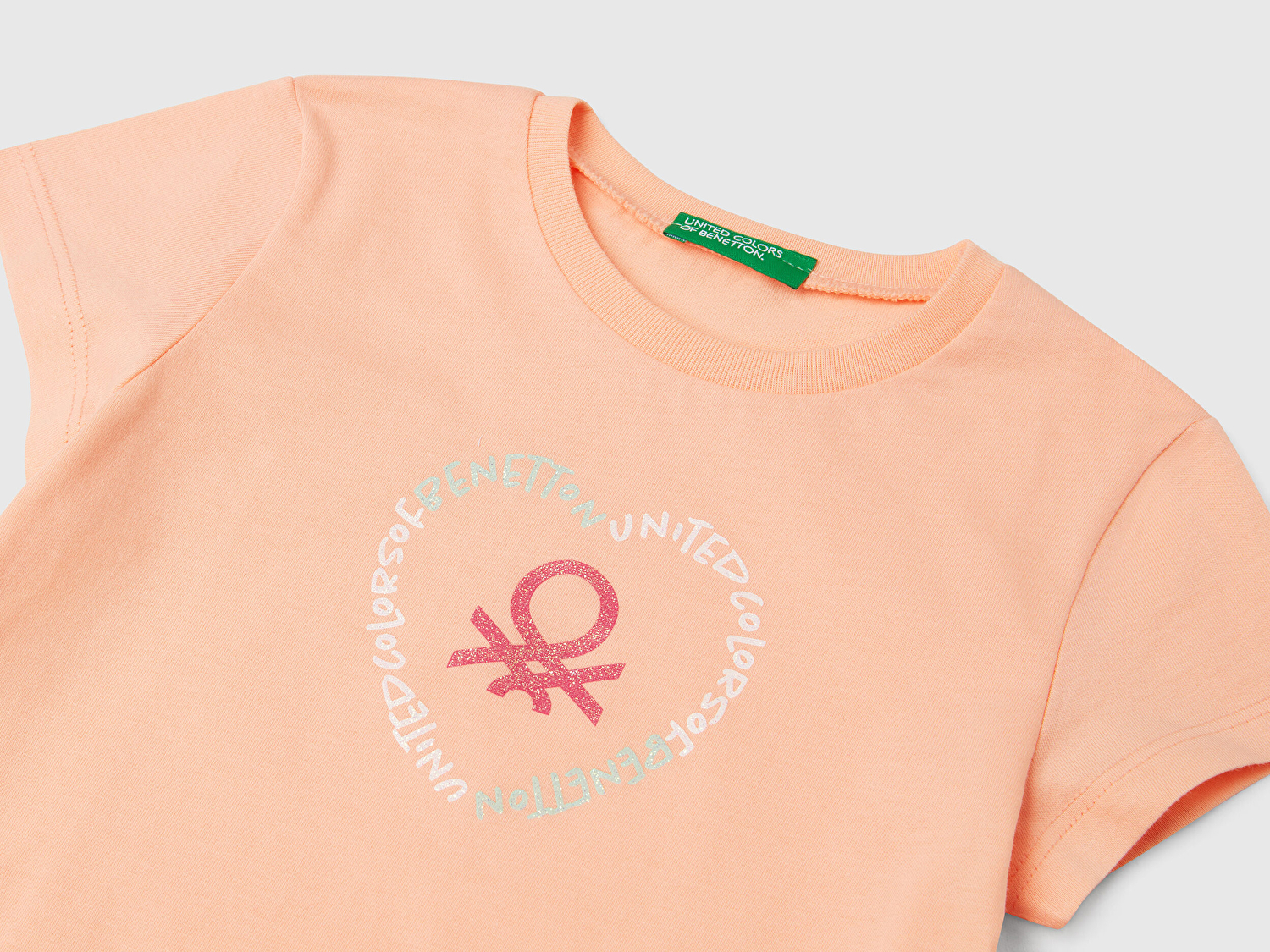 Benetton Kız Bebek Yavruağzı Simli Benetton Logo Baskılı T-Shirt