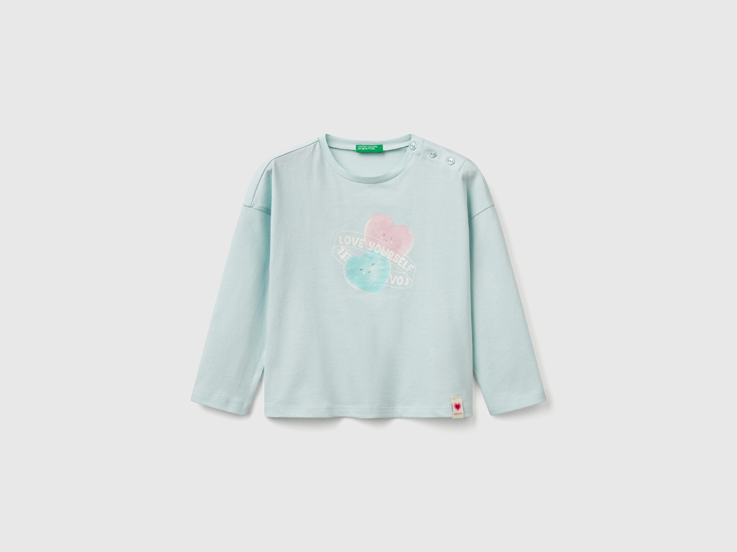 Benetton Kız Bebek Su Yeşili Baskılı Logo Etiketli Kalp Düğmeli T-Shirt