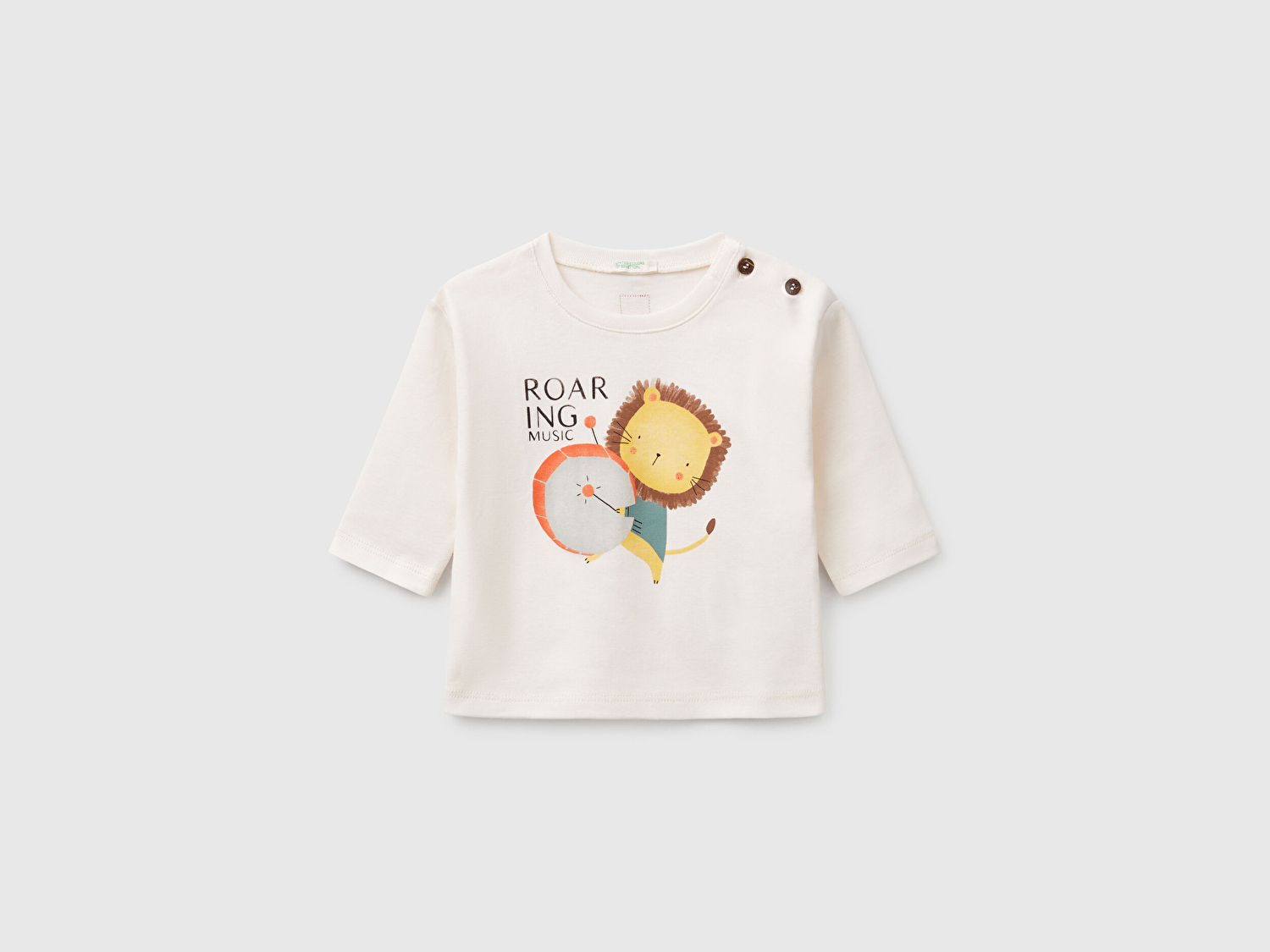 Benetton Bebek Ekru Grafik Baskılı Arkası Logo Detaylı Uzun Kollu T-Shirt