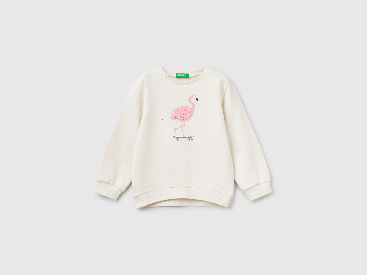 Benetton Kız Bebek Ekru Grafik Baskılı Ribanalı Bisiklet Yaka Sweatshirt