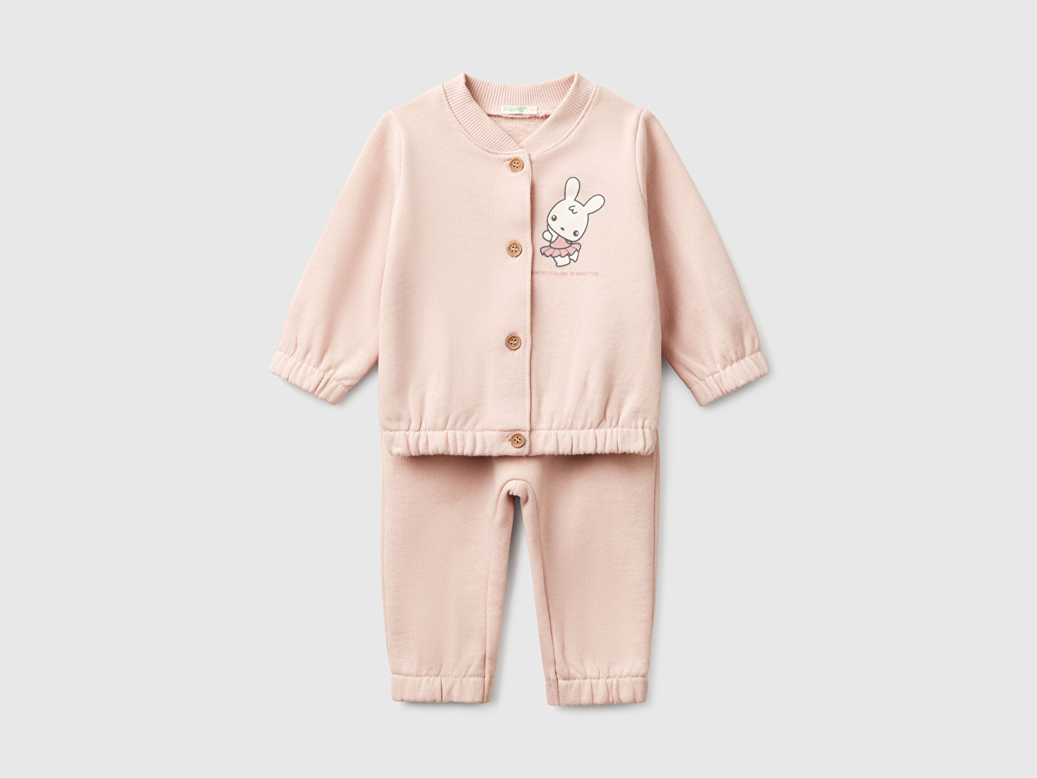 Benetton Bebek Toz Pembe Baskılı Bomber Yakalı Üst ve Beli Lastikli Eşofman Takım