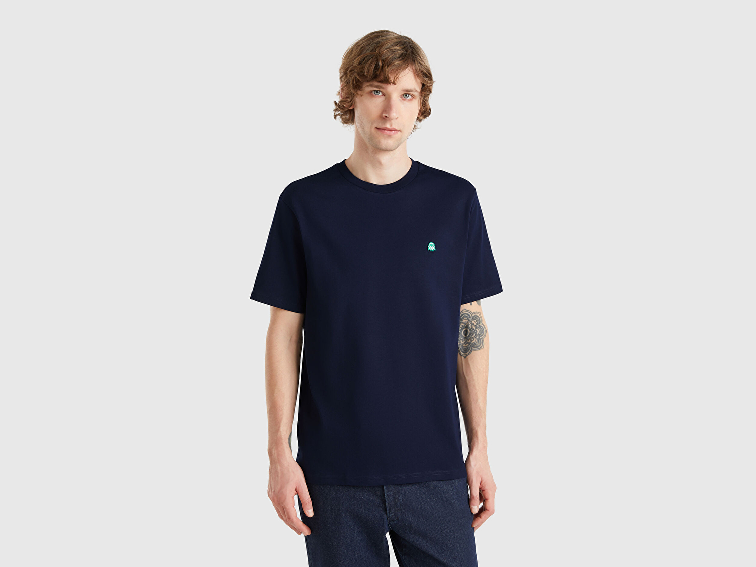 Benetton Erkek Lacivert %100 Koton Benetton Logolu Bisiklet Yaka T-Shirt