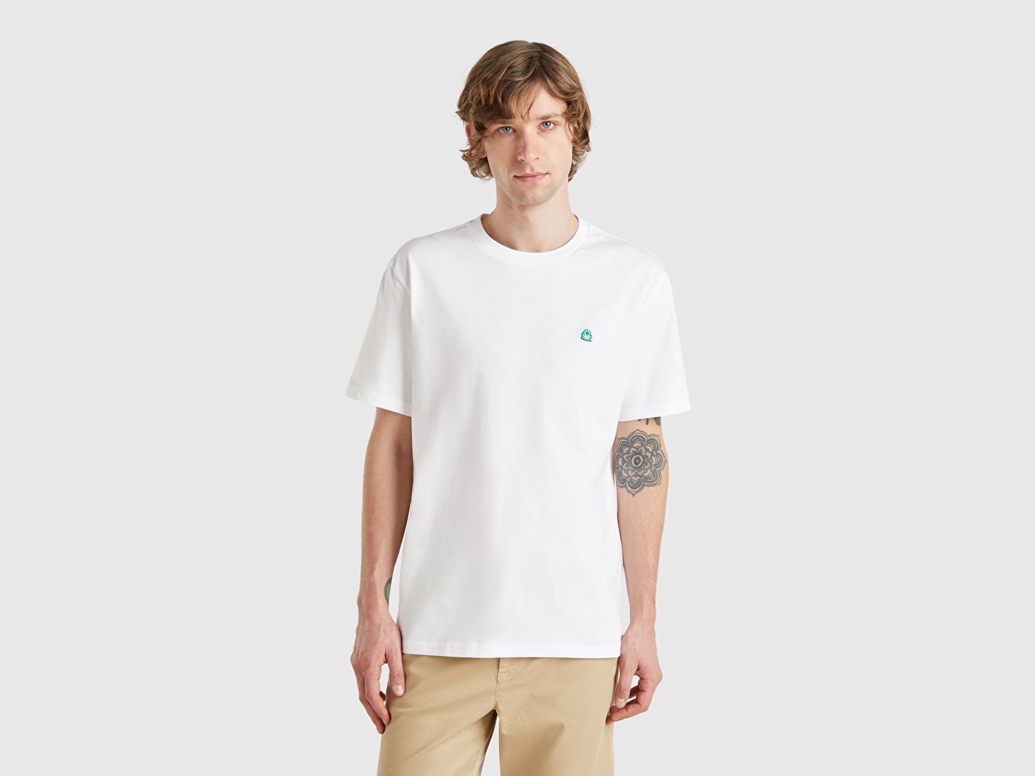 Benetton Erkek Beyaz %100 Koton Benetton Logolu Bisiklet Yaka T-Shirt