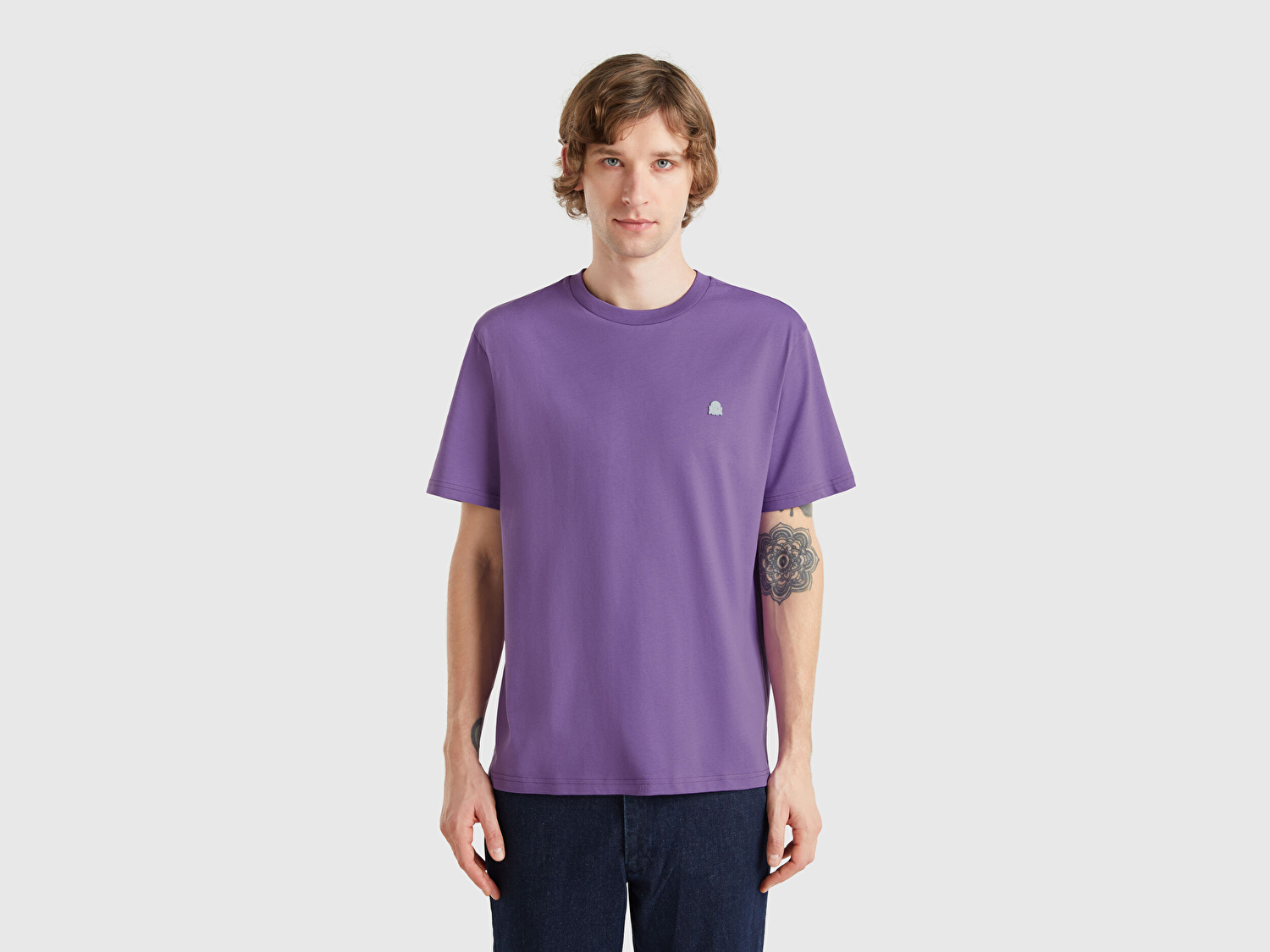 Benetton Erkek Mor %100 Koton Benetton Logolu Bisiklet Yaka T-Shirt