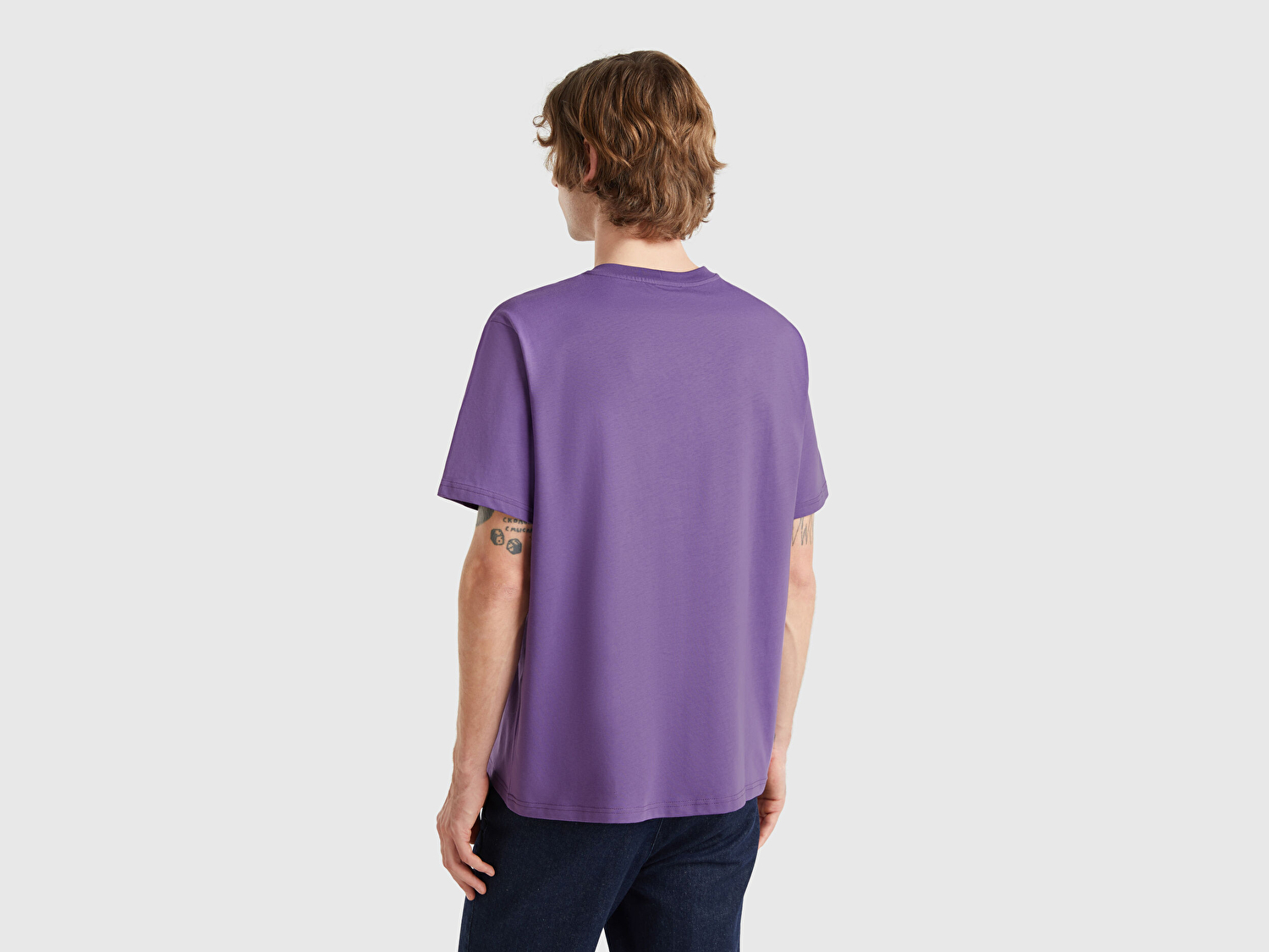 Benetton Erkek Mor %100 Koton Benetton Logolu Bisiklet Yaka T-Shirt