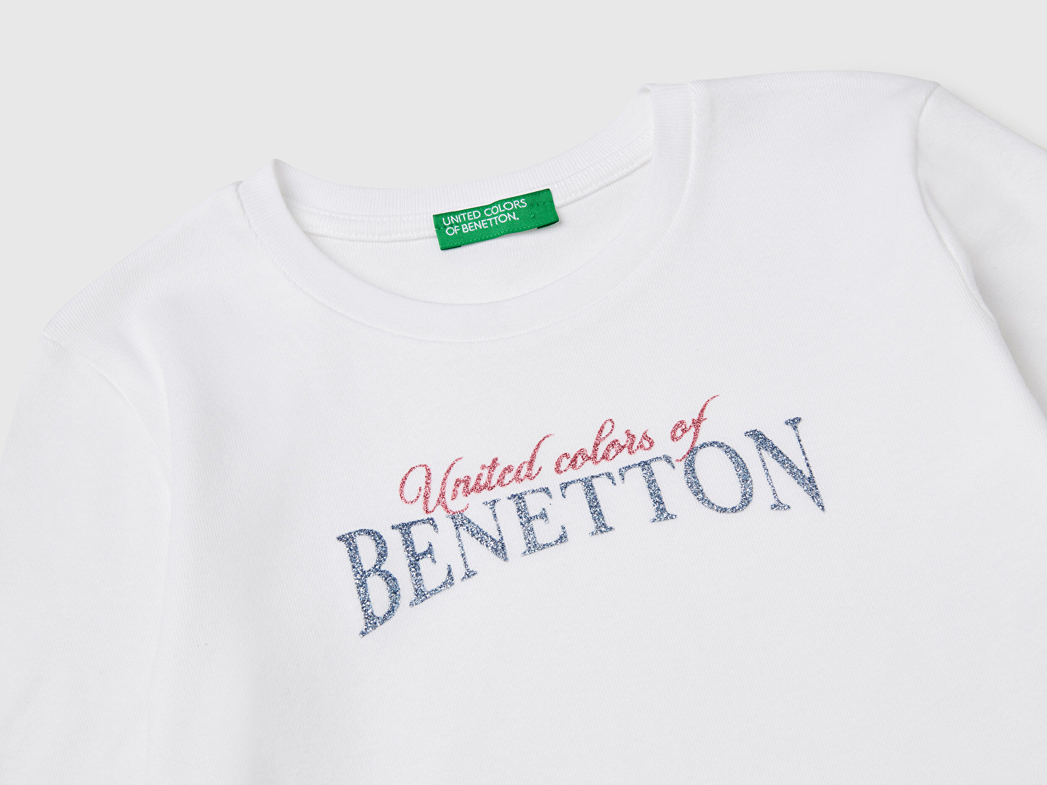 Benetton Kız Çocuk Beyaz Simli Benetton Logo Baskılı T-Shirt