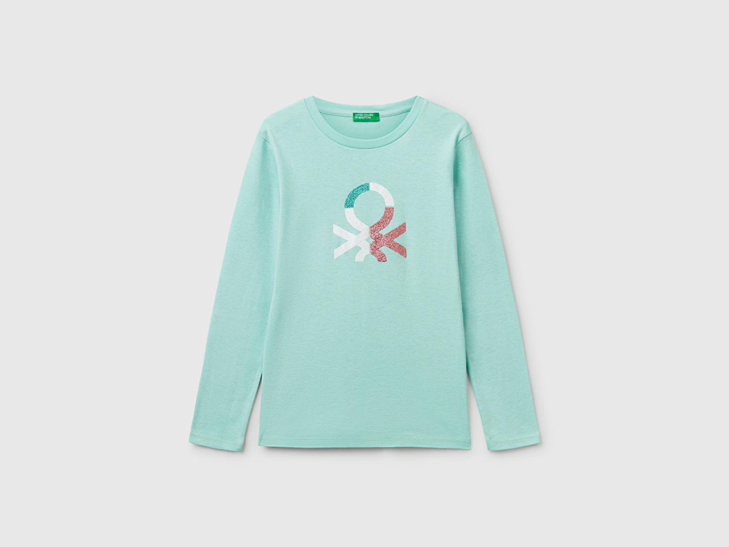 Benetton Kız Çocuk Su Yeşili Simli Benetton Logo Baskılı T-Shirt