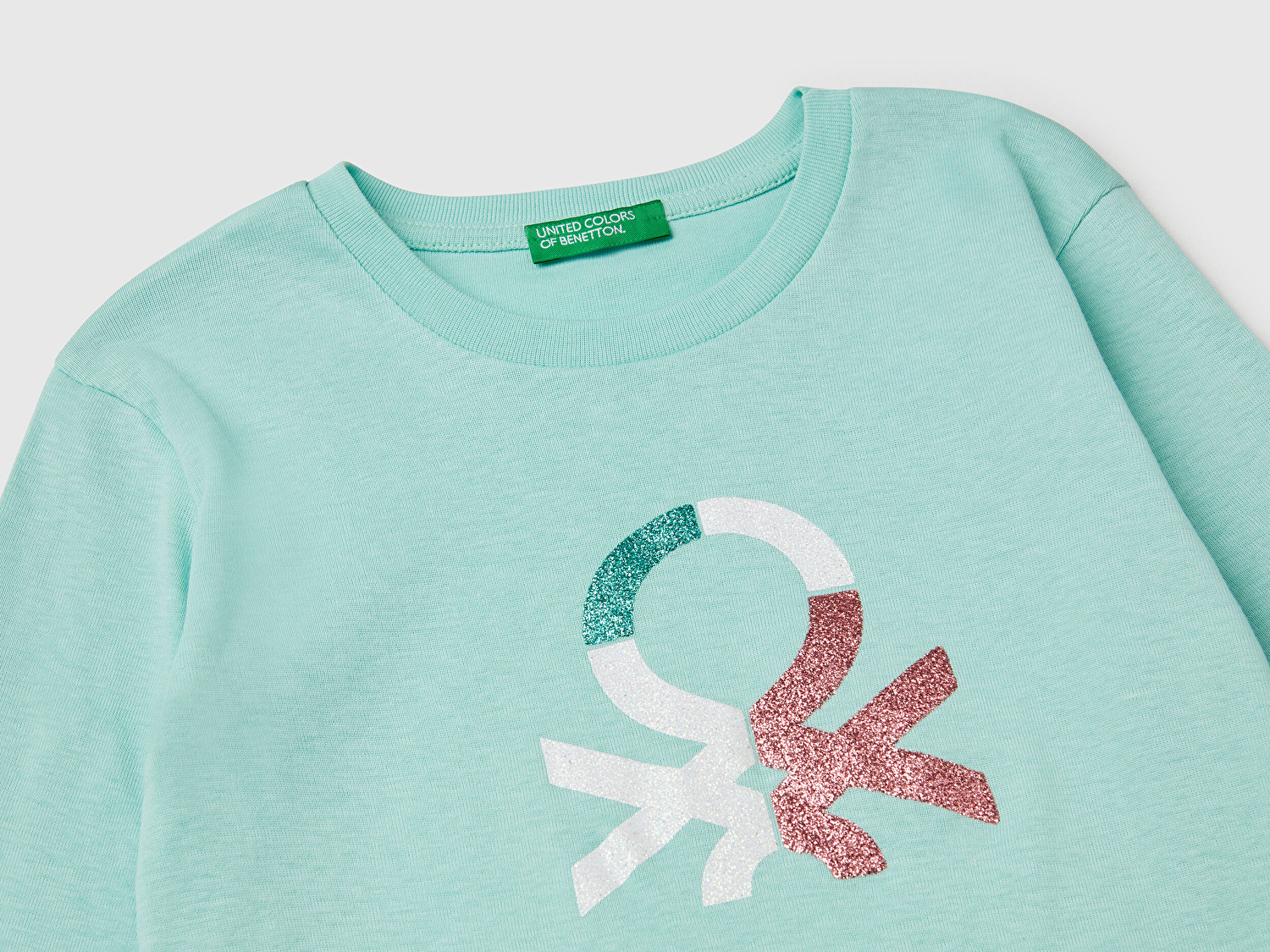 Benetton Kız Çocuk Su Yeşili Simli Benetton Logo Baskılı T-Shirt