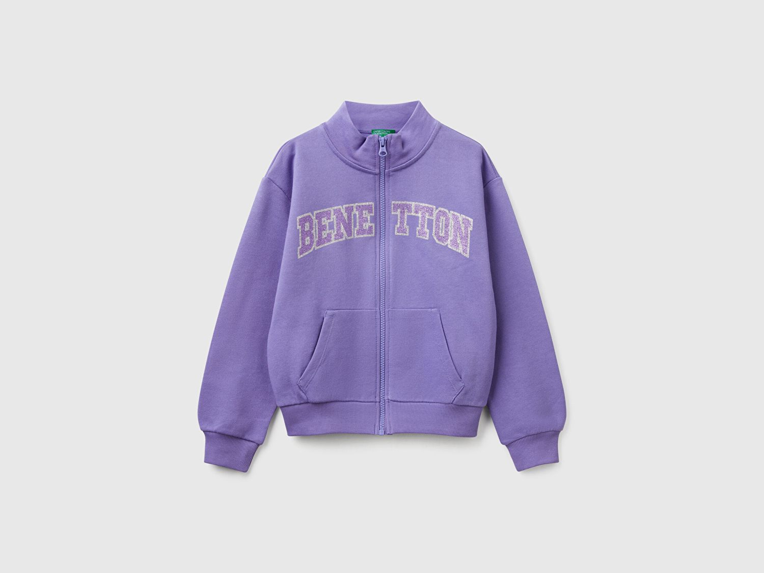 Benetton Kız Çocuk Mor Simli Benetton Logo İşlemeli Fermuarlı Sweatshirt