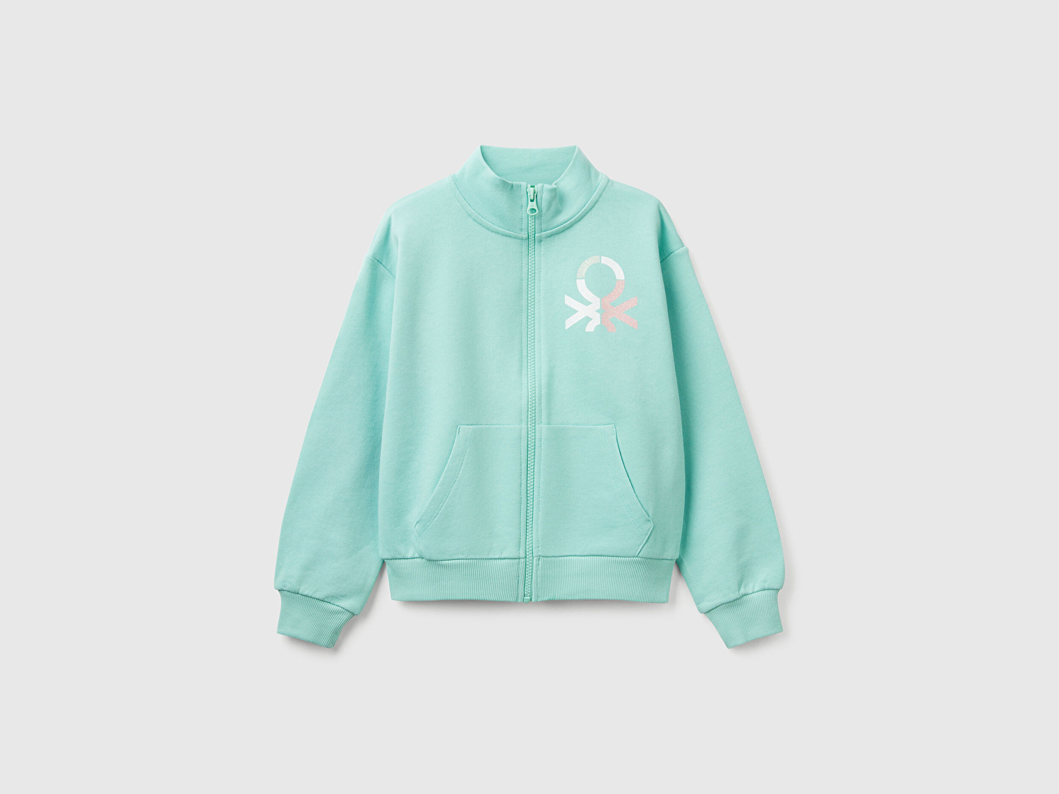 Benetton Kız Çocuk Su Yeşili Simli Benetton Logo İşlemeli Fermuarlı Sweatshirt