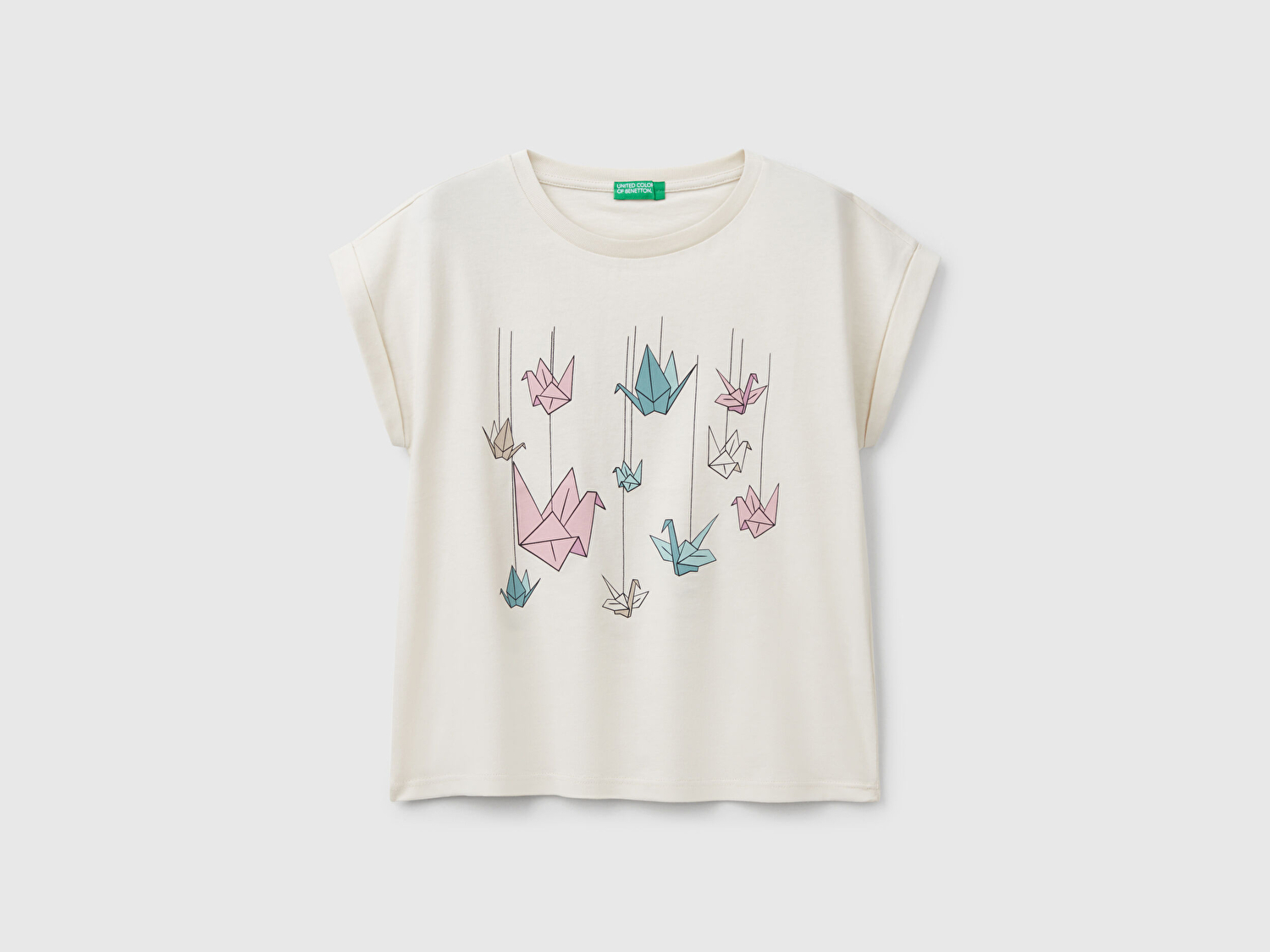 Benetton Kız Çocuk Krem Parlak Baskılı Düşük Omuz T-Shirt