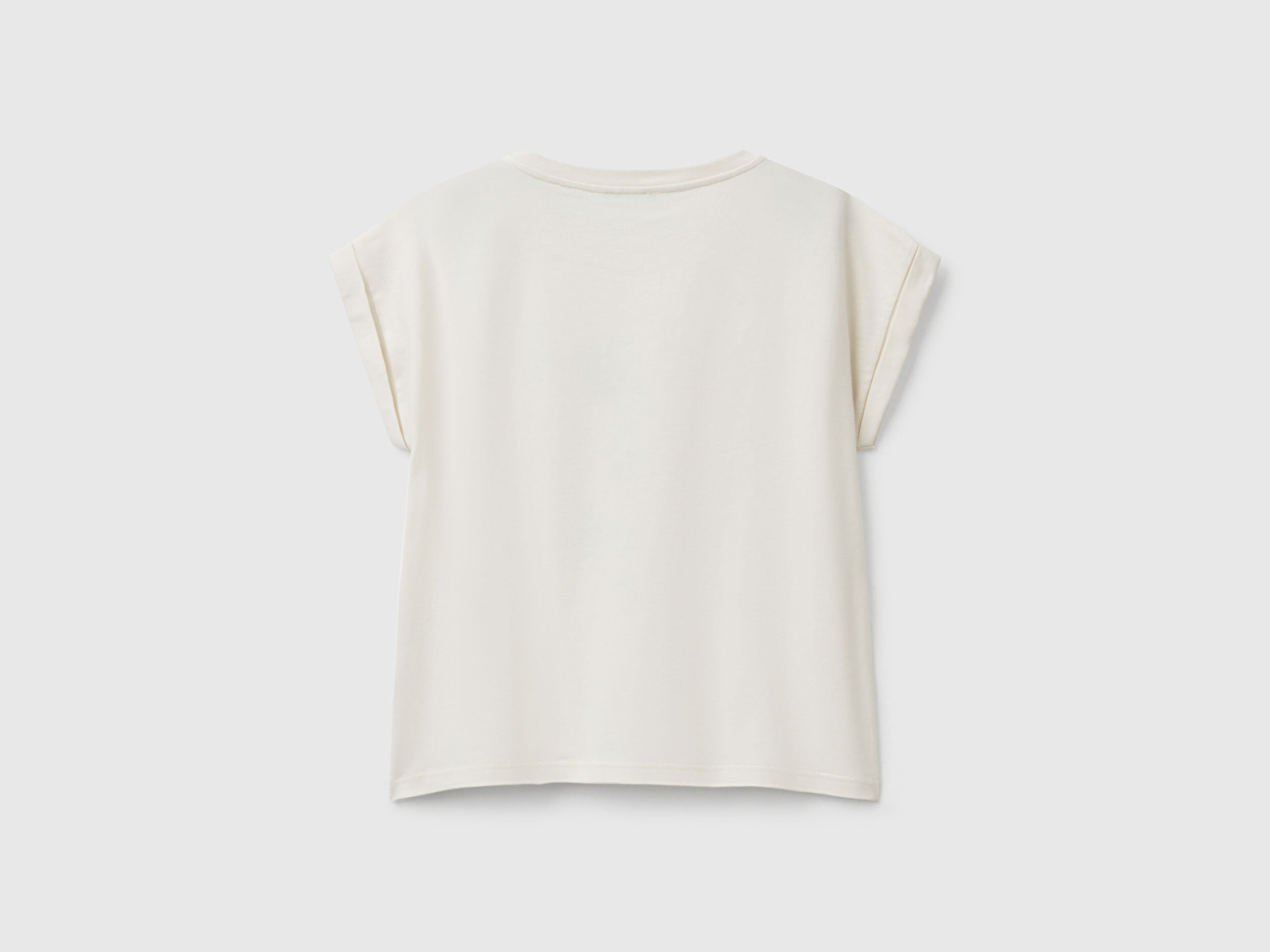 Benetton Kız Çocuk Krem Parlak Baskılı Düşük Omuz T-Shirt