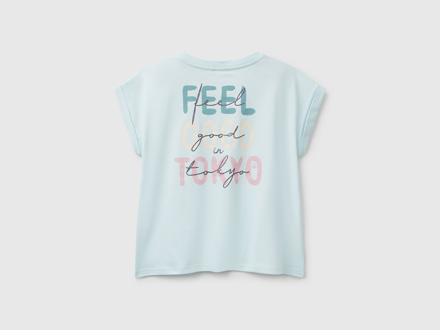 Benetton Kız Çocuk Su Yeşili Parlak Baskılı Düşük Omuz T-Shirt