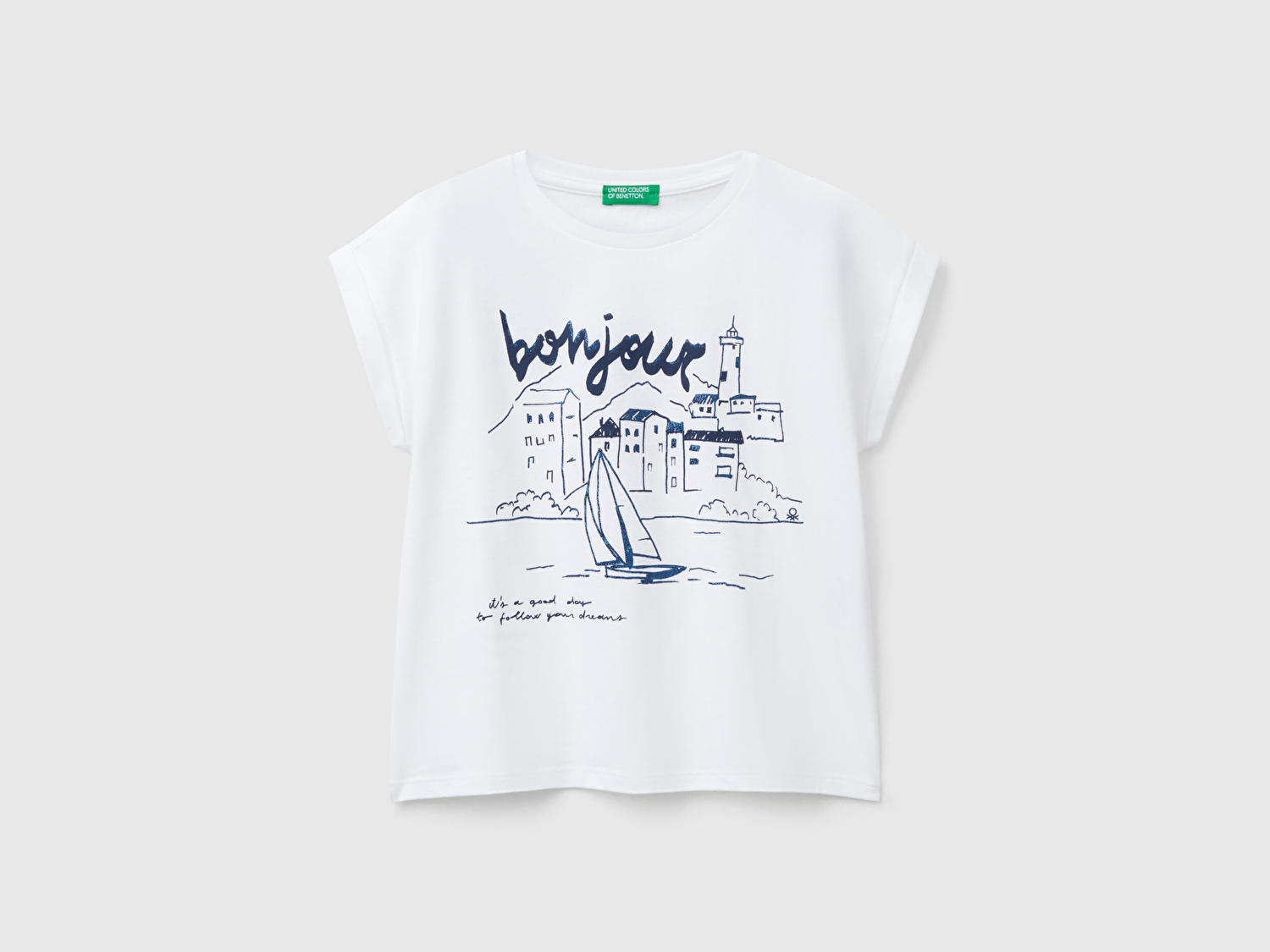Benetton Kız Çocuk Beyaz Parlak Baskılı Düşük Omuz T-Shirt