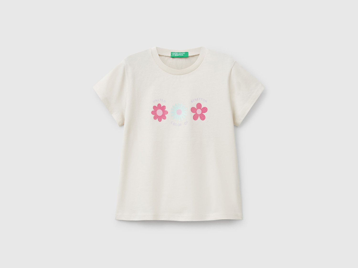 Benetton Kız Bebek Krem Simli Benetton Logo Baskılı T-Shirt